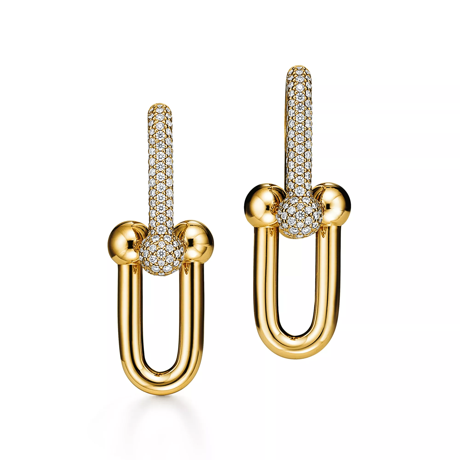 Large Link Earrings in Yellow Gold with Pave Diamonds