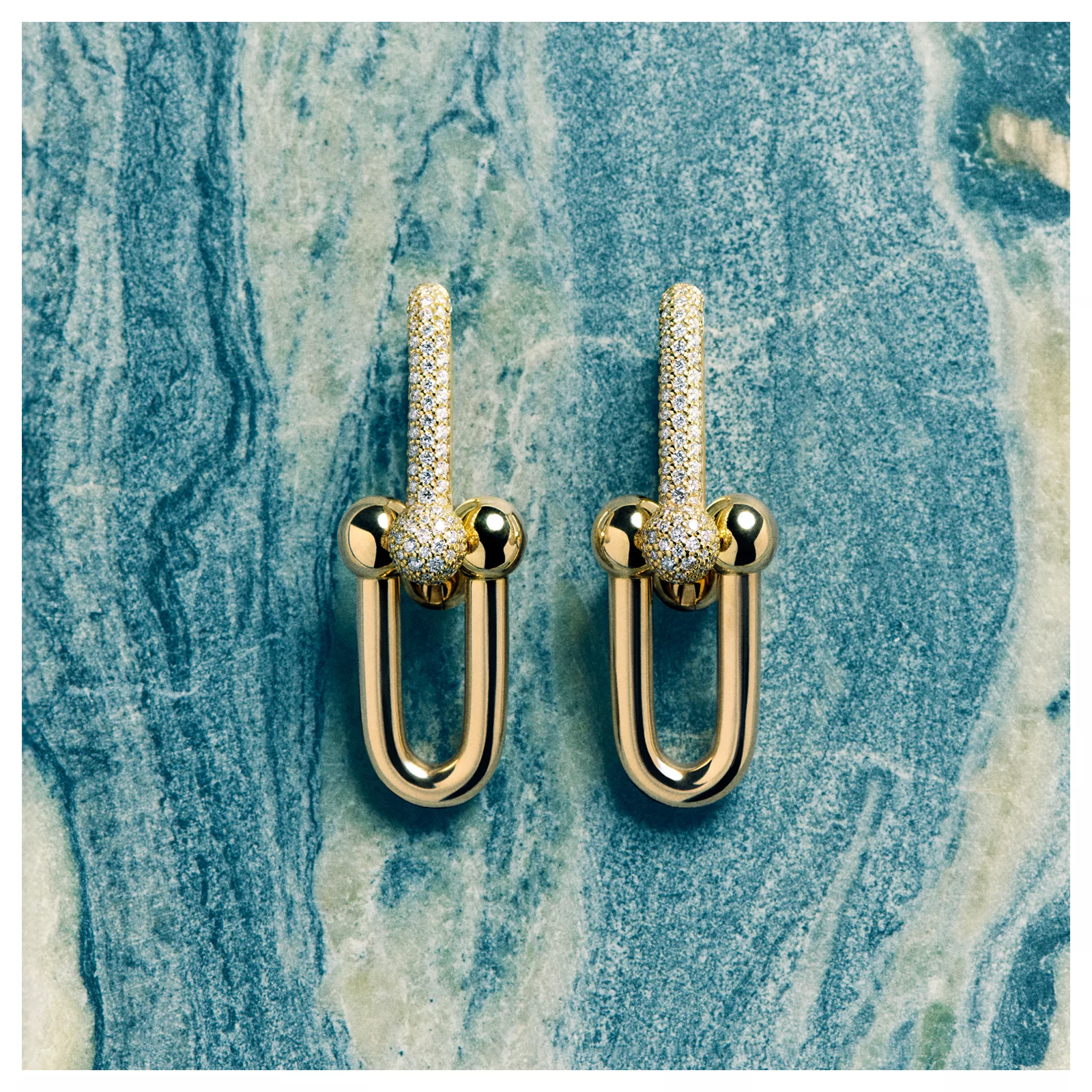 Large Link Earrings in Yellow Gold with Pave Diamonds