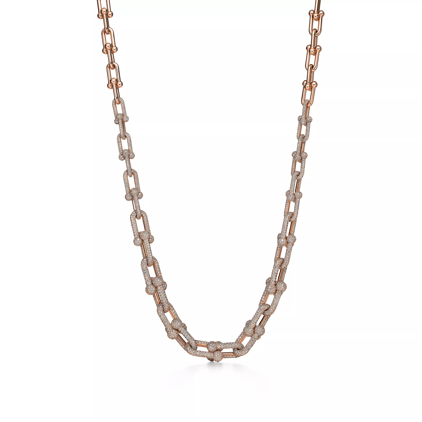 Graduated Link Necklace in Rose Gold with Pave Diamonds