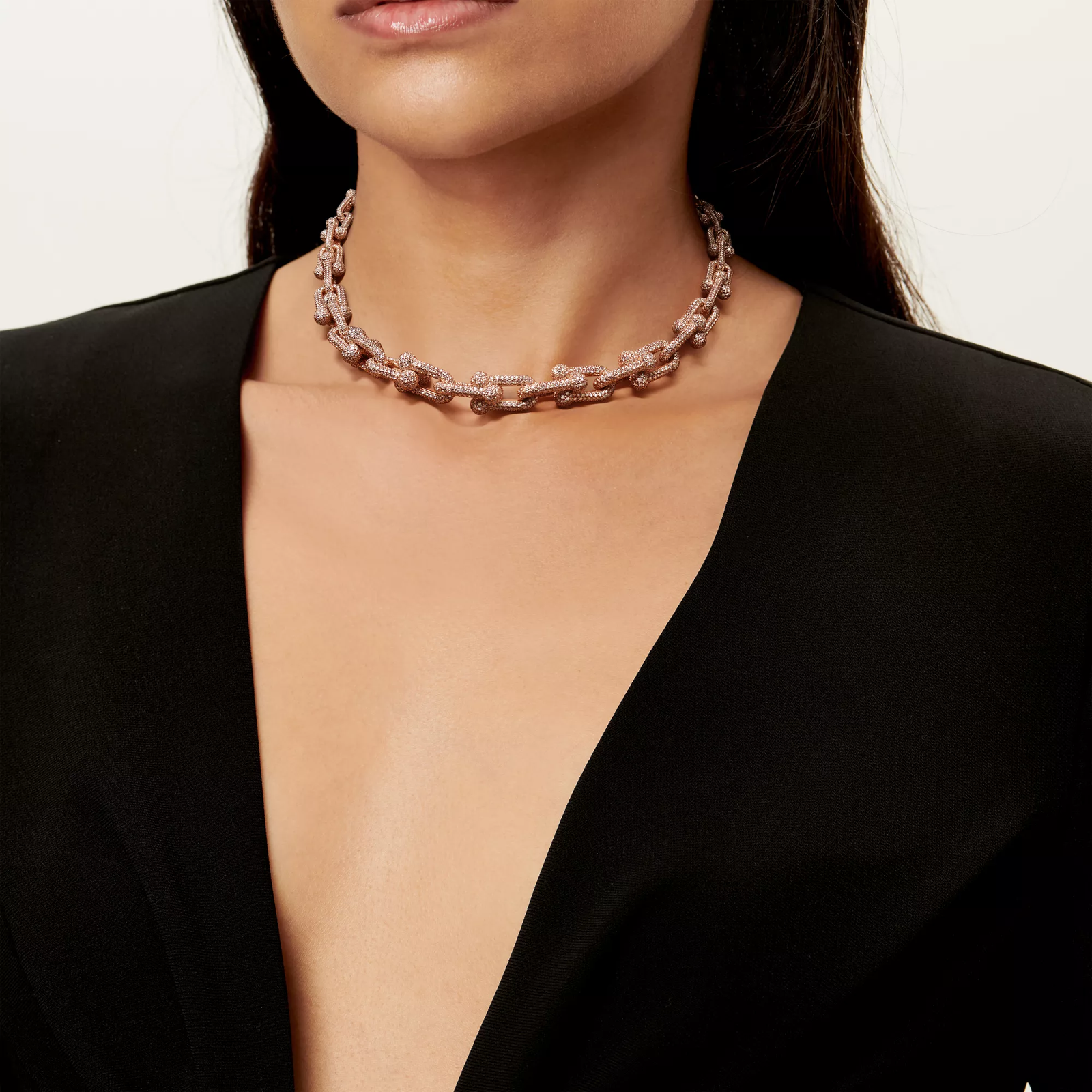 Graduated Link Necklace in Rose Gold with Pave Diamonds