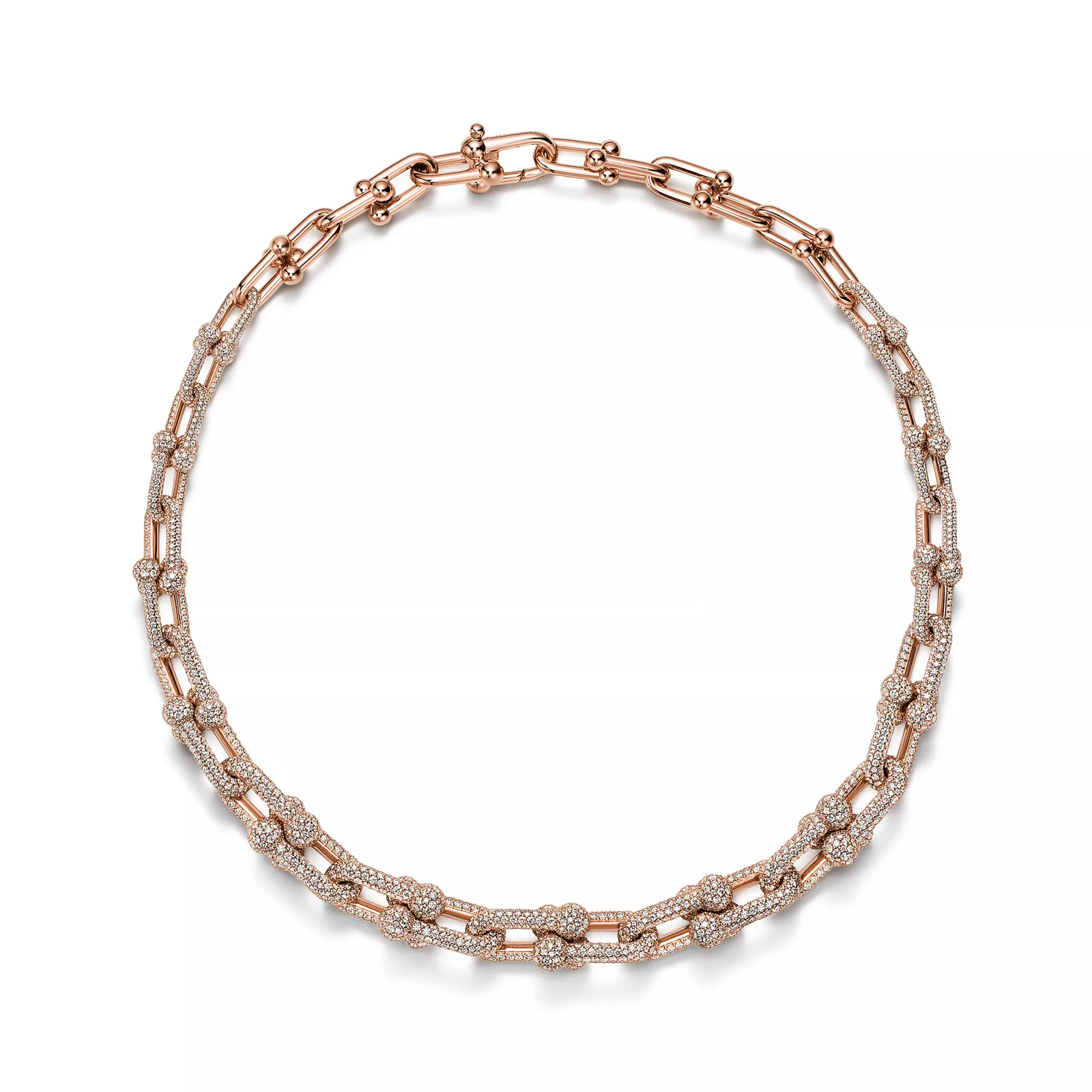 Graduated Link Necklace in Rose Gold with Pave Diamonds