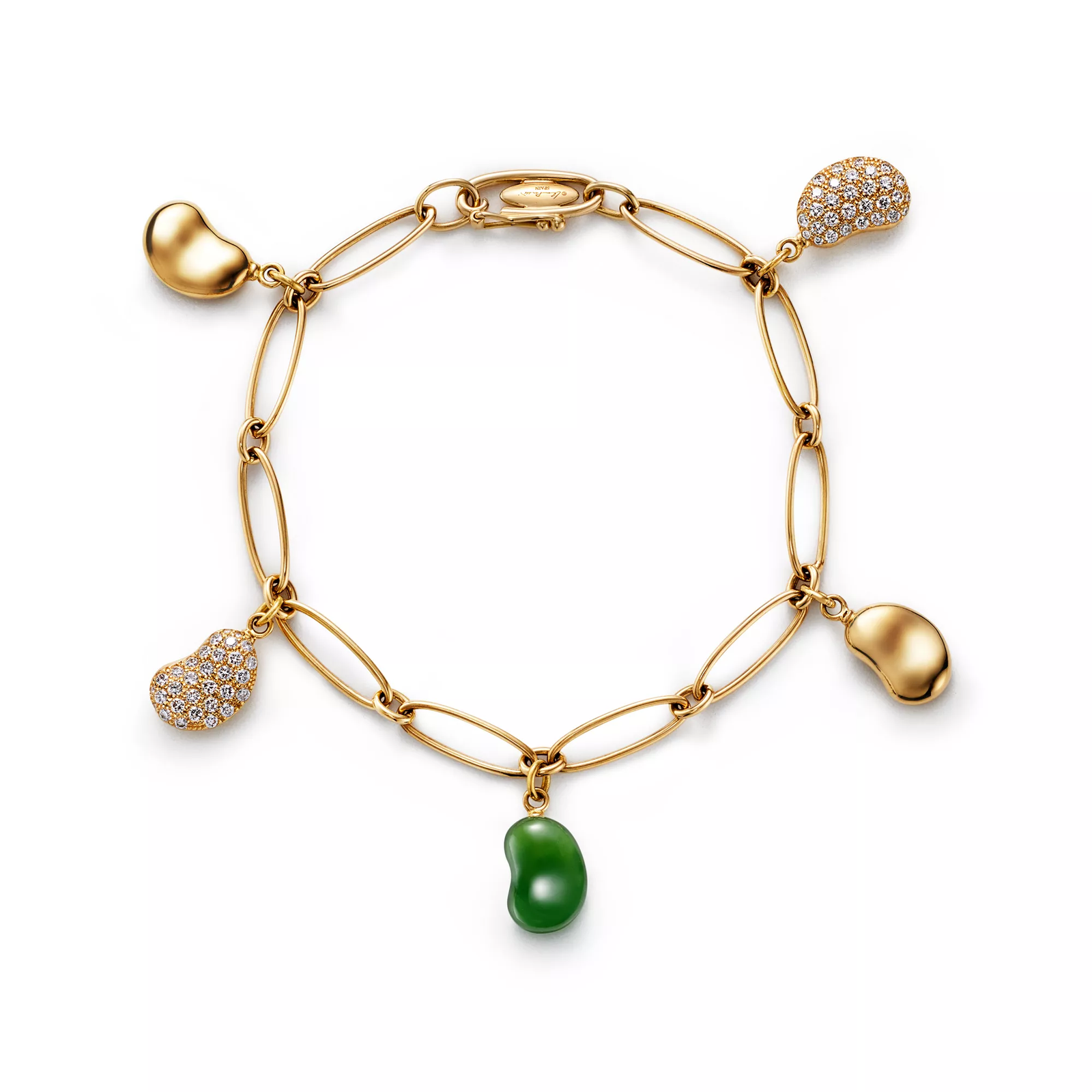 Bean design Bracelet in Gold with Diamonds & Green Nephrite Jade