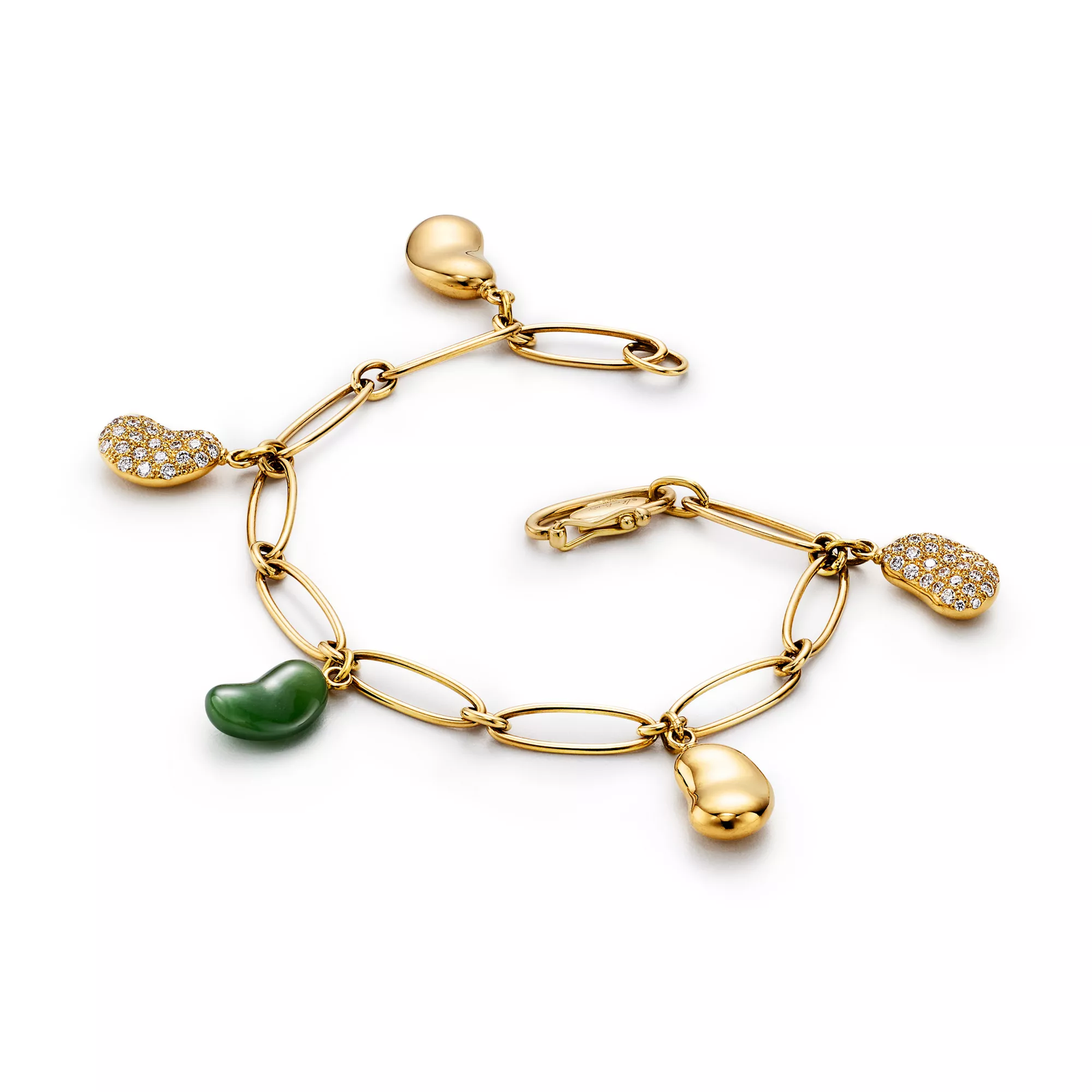 Bean design Bracelet in Gold with Diamonds & Green Nephrite Jade