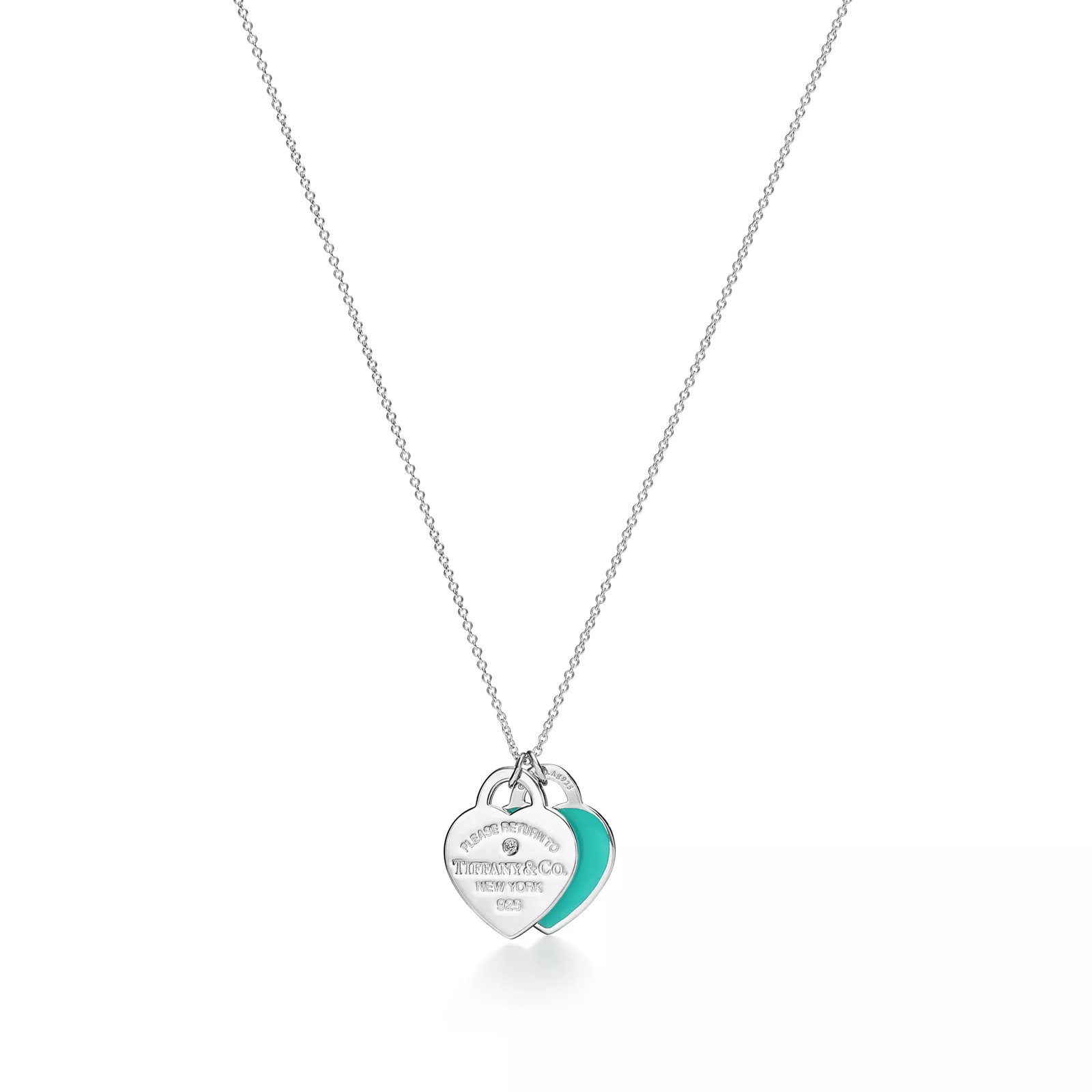 Blue Double Heart Tag Pendant in Silver with a Diamond, Small