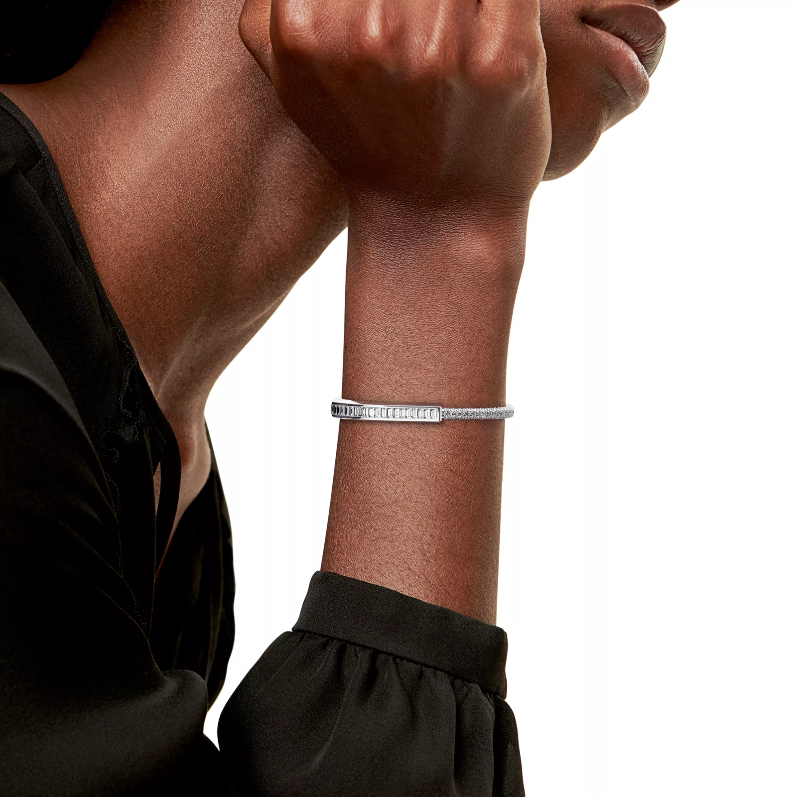 Bangle in White Gold with Baguette and Pave Diamonds