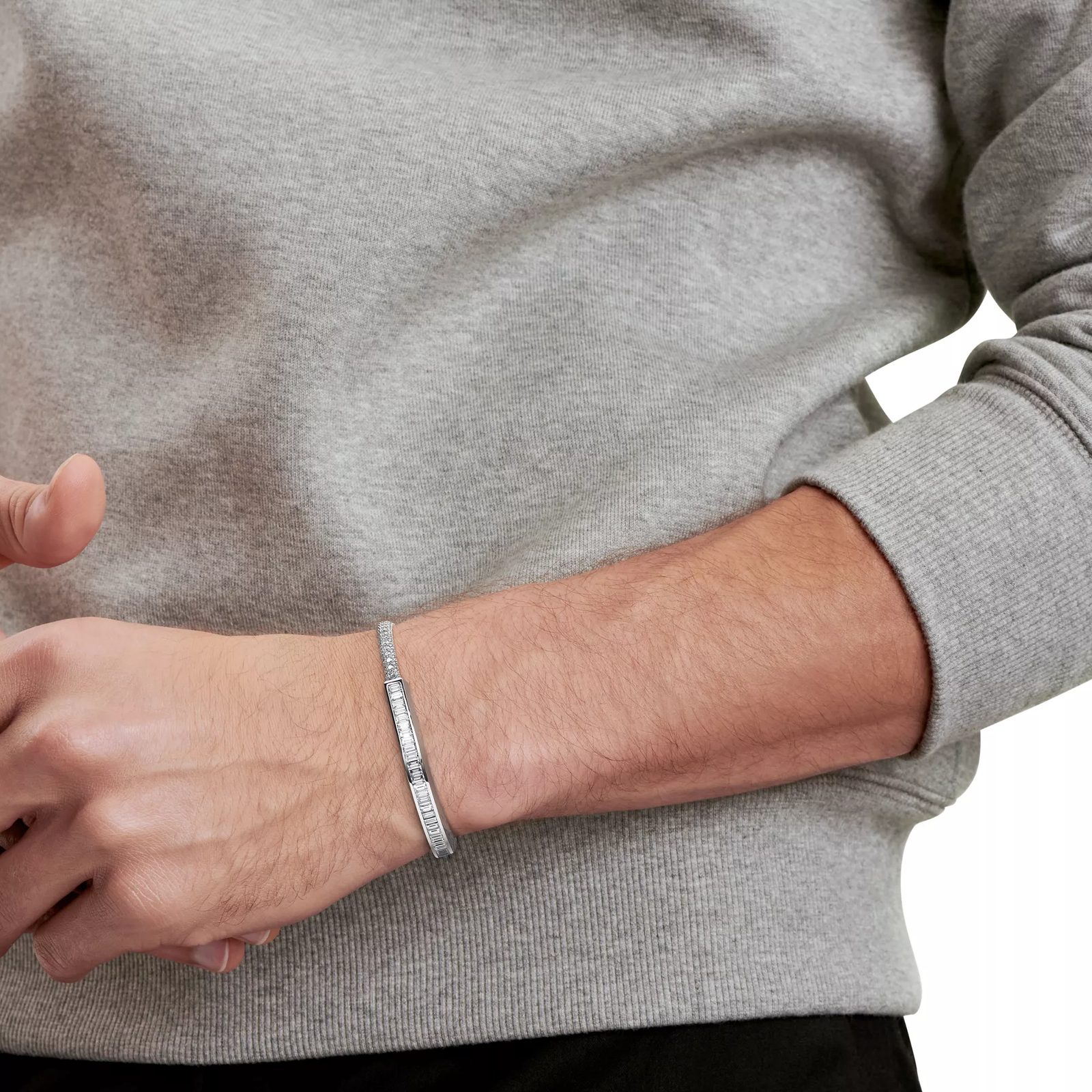 Bangle in White Gold with Baguette and Pave Diamonds