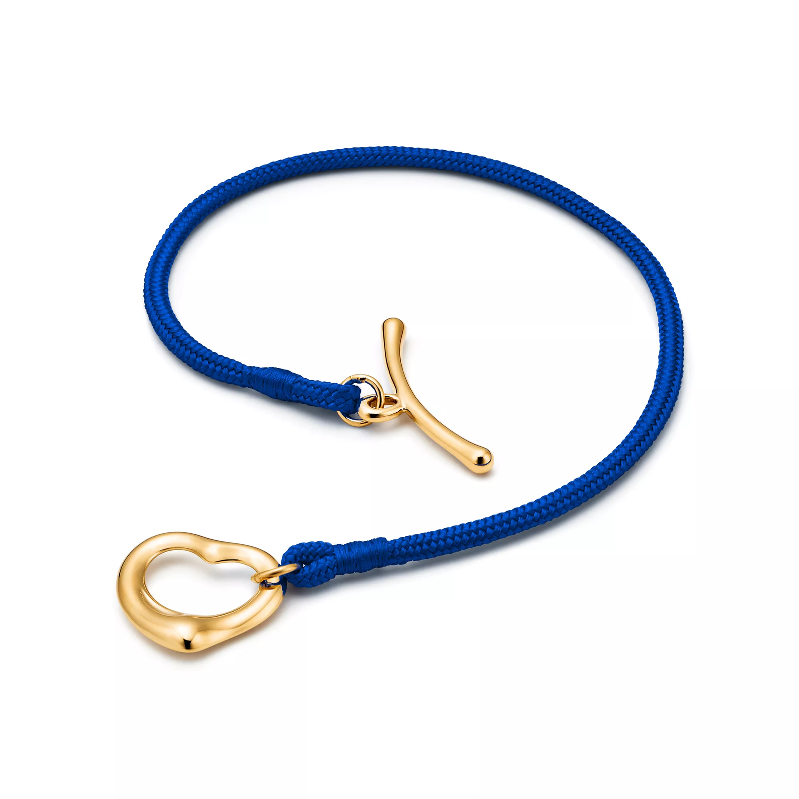 Open Heart Bracelet in Yellow Gold on a Cobalt Silk Cord
