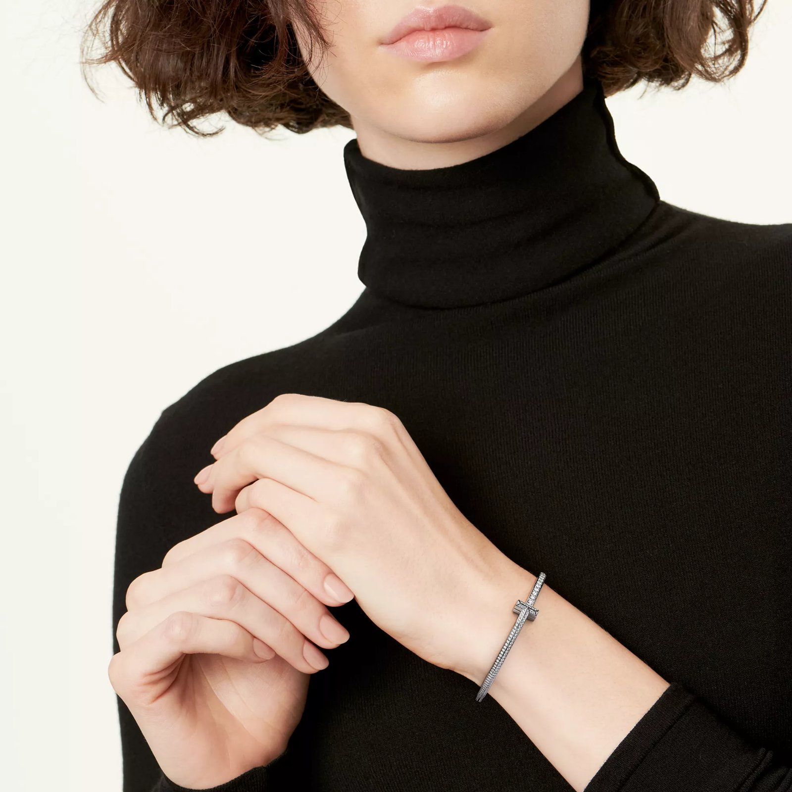 T1 Narrow Pave Diamond Hinged Bangle in White Gold