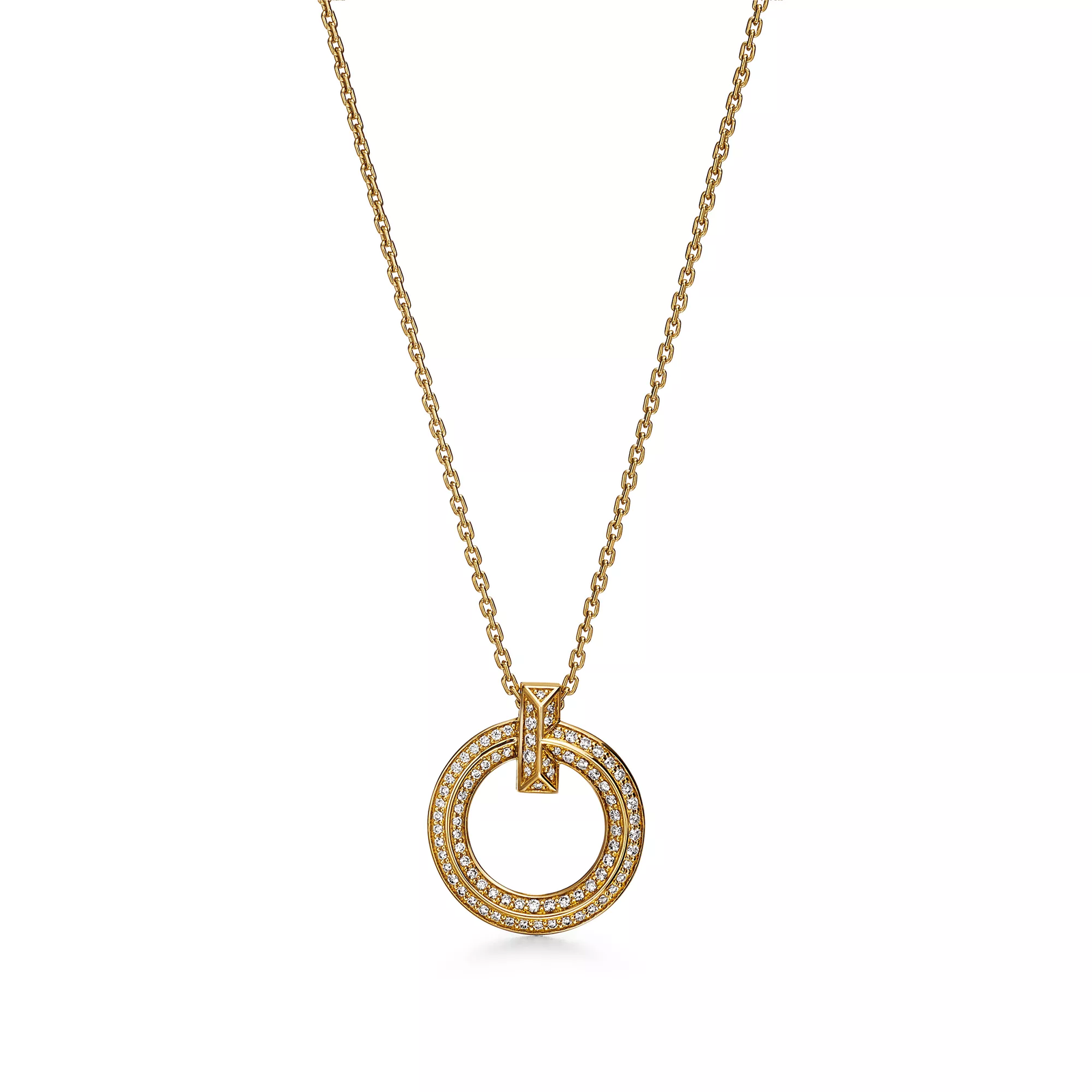 T1 Narrow Circle Pendant in Yellow Gold with Pave Diamonds