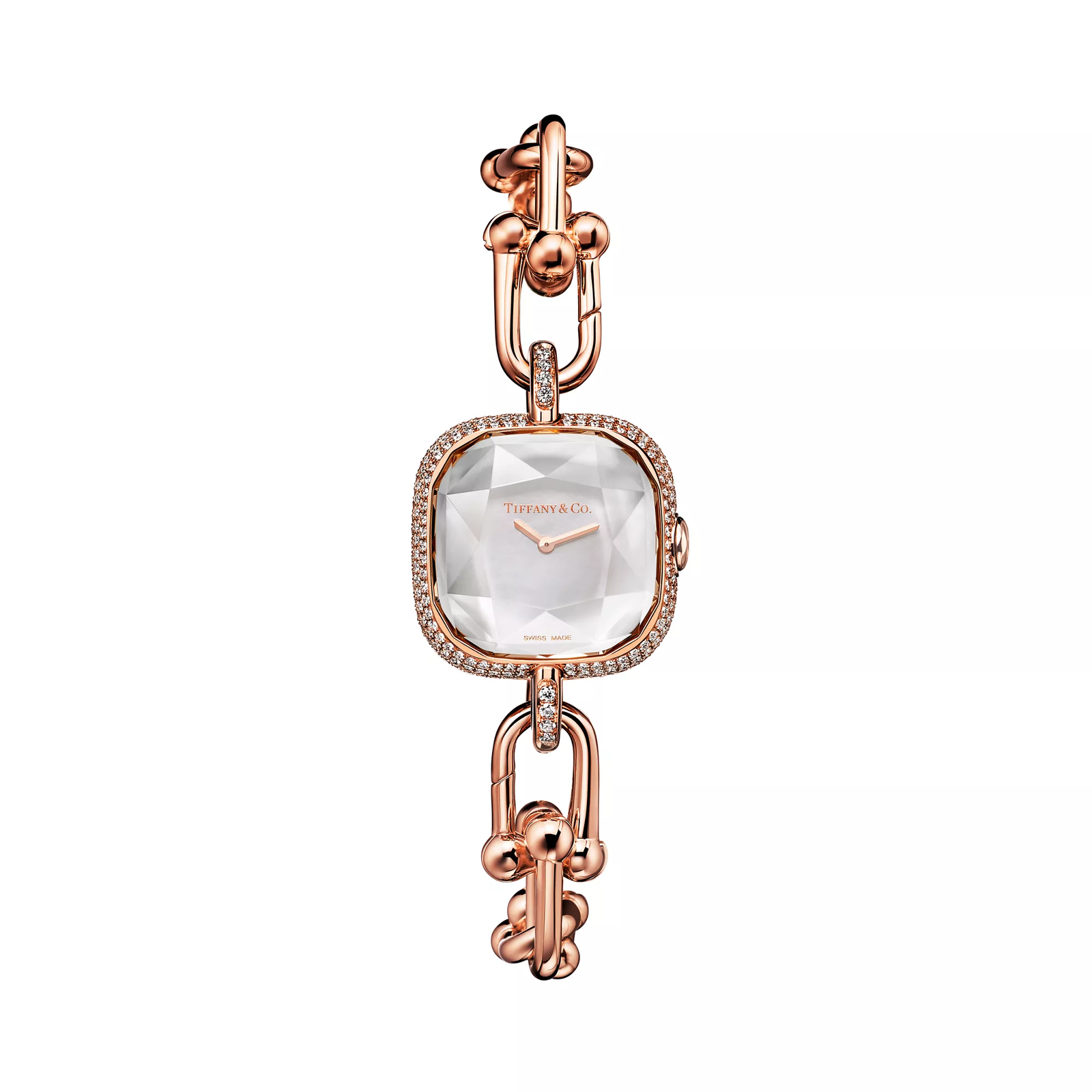 Watch in Rose Gold with Pave Diamonds and White Mother-of-pearl