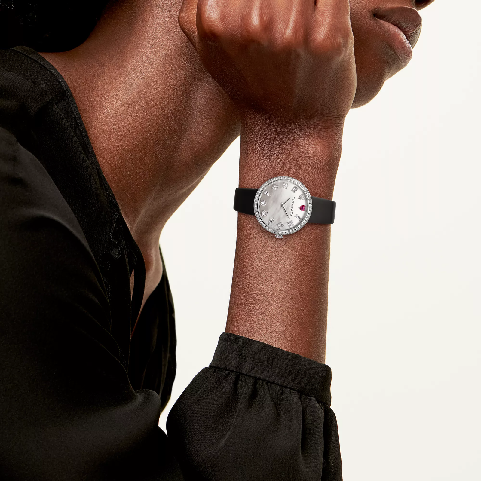32 MM Round Watch in White Gold with a Rubellite and Diamonds