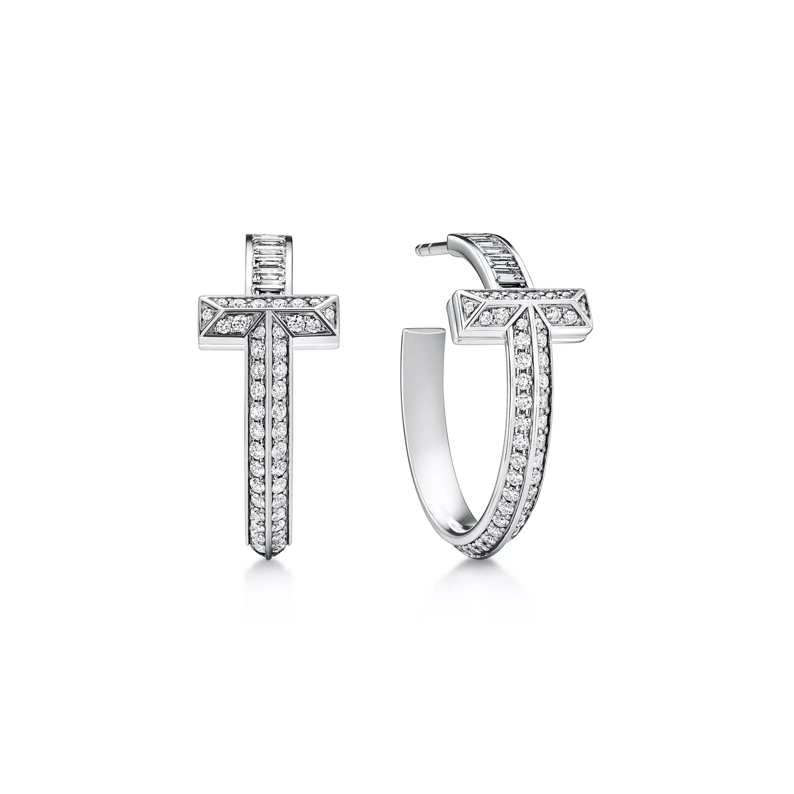 T1 Earrings in White Gold with Baguette and Pave Diamonds