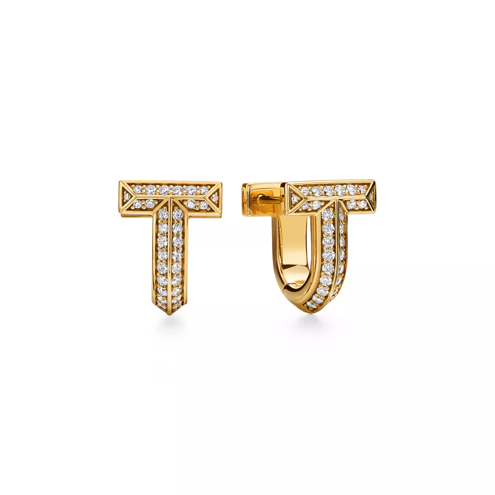 T1 Half Pave Diamond Huggie Earrings in Yellow Gold