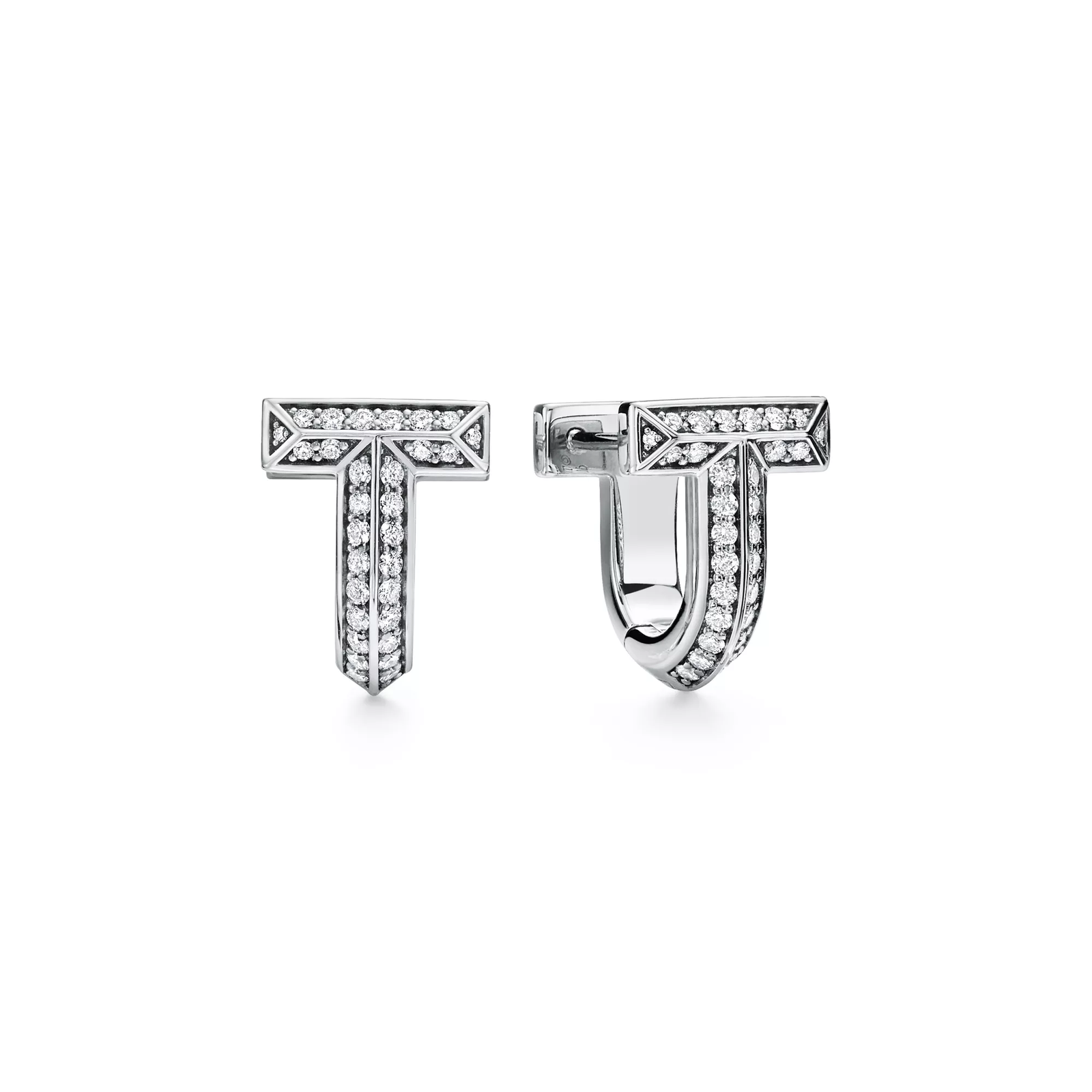T1 Half Pave Diamond Huggie Earrings in White Gold