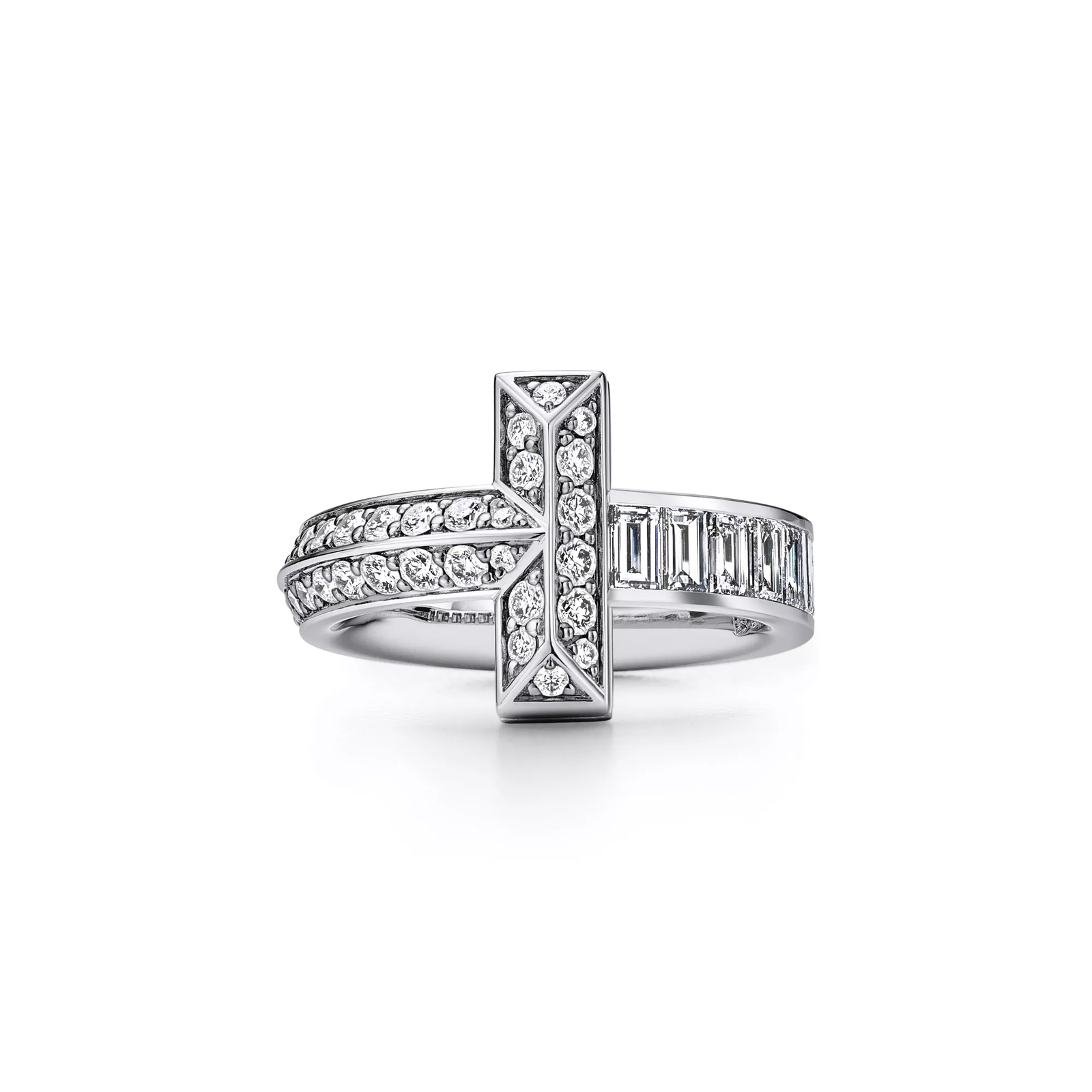 T1 Ring in White Gold with Baguette and Pave Diamonds