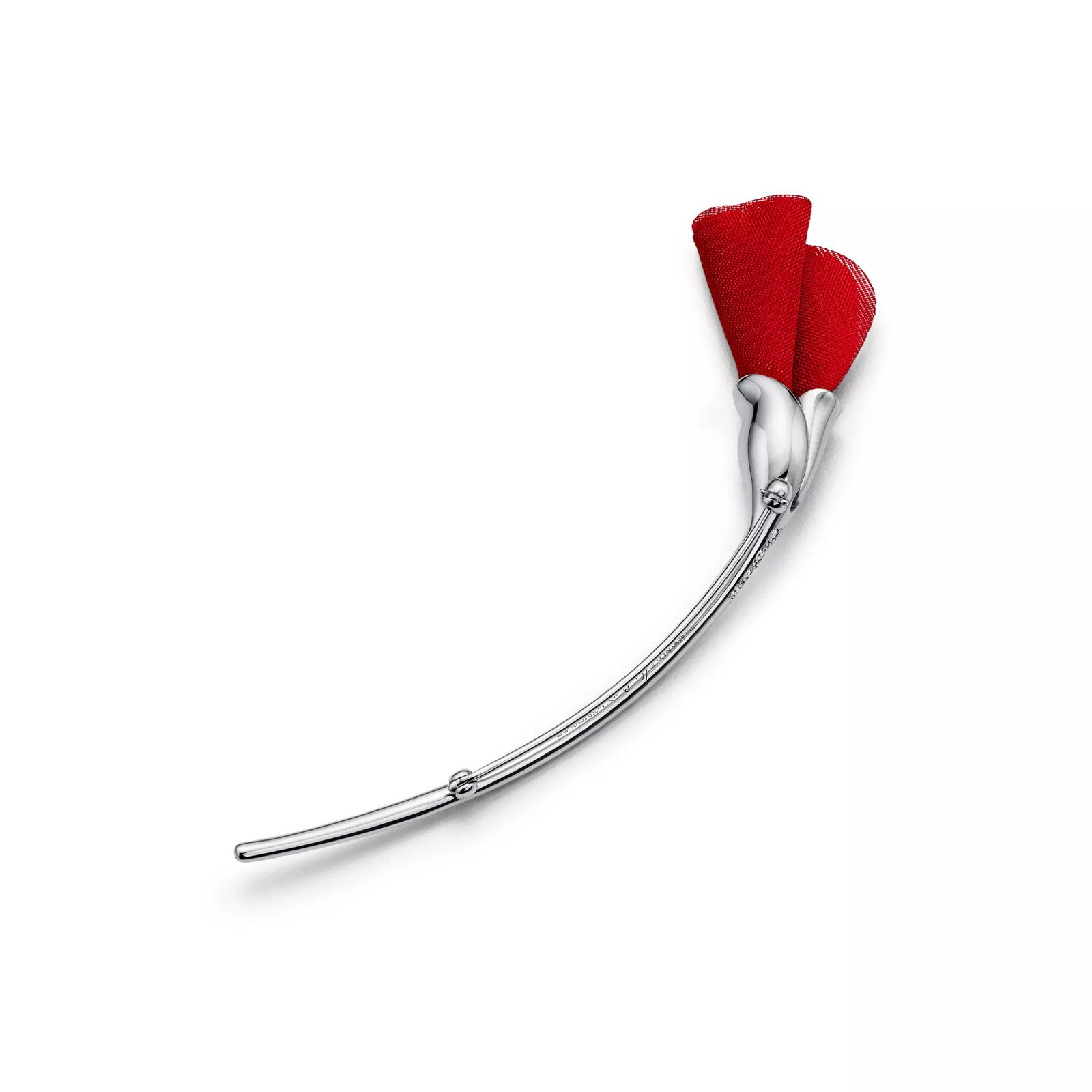 Amapola Brooch in Platinum with Diamonds and Red Silk