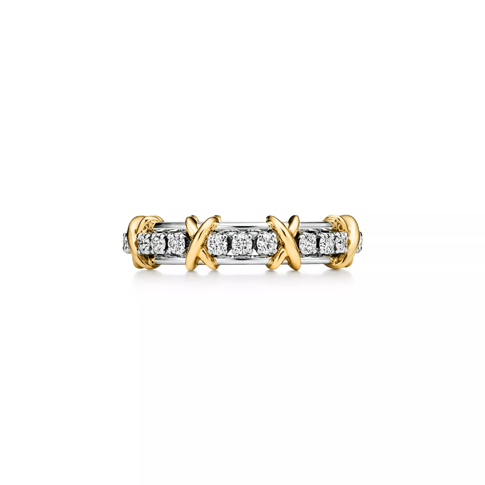 Narrow Ring in Platinum and Yellow Gold with Diamonds
