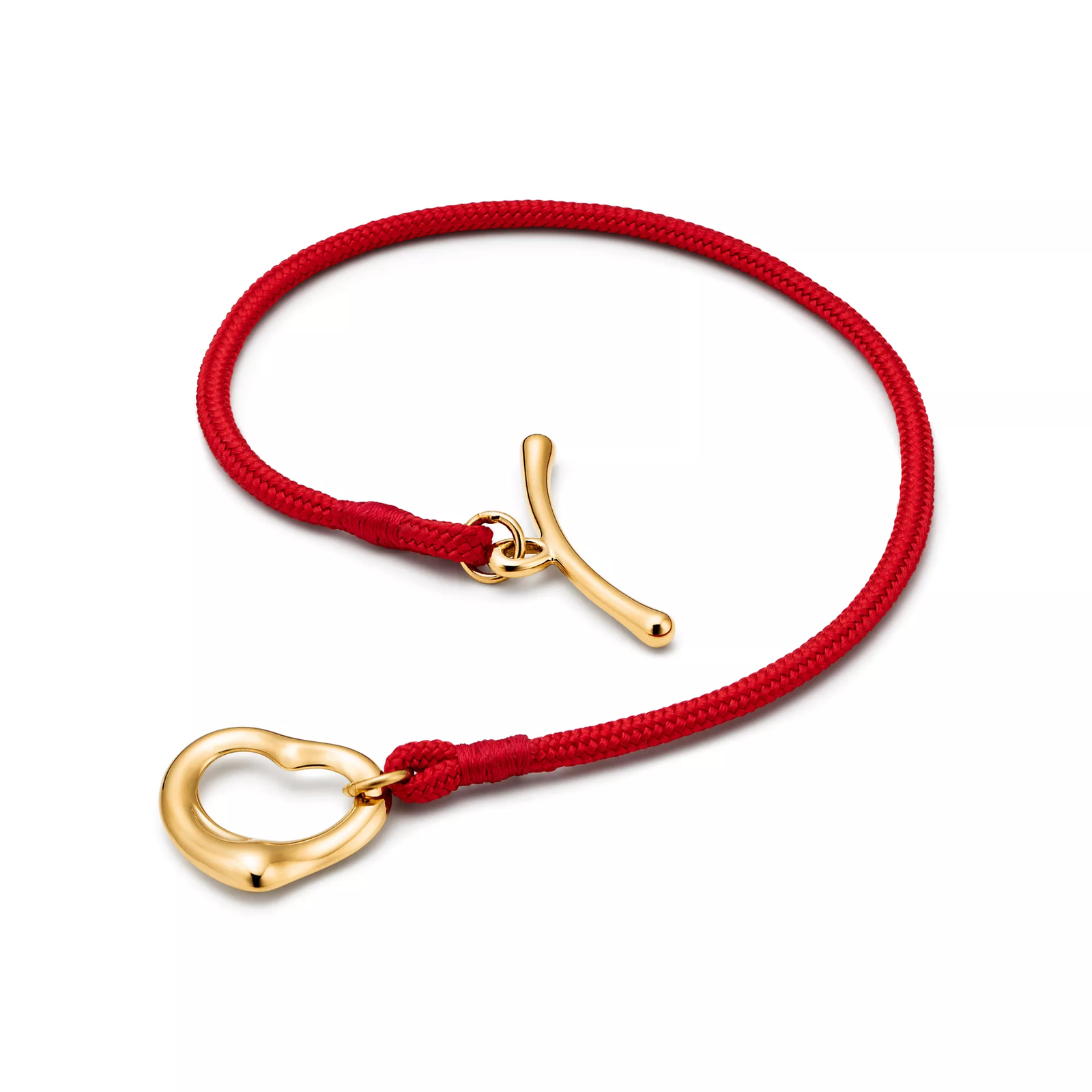 Open Heart Bracelet in Yellow Gold on a Red Silk Cord