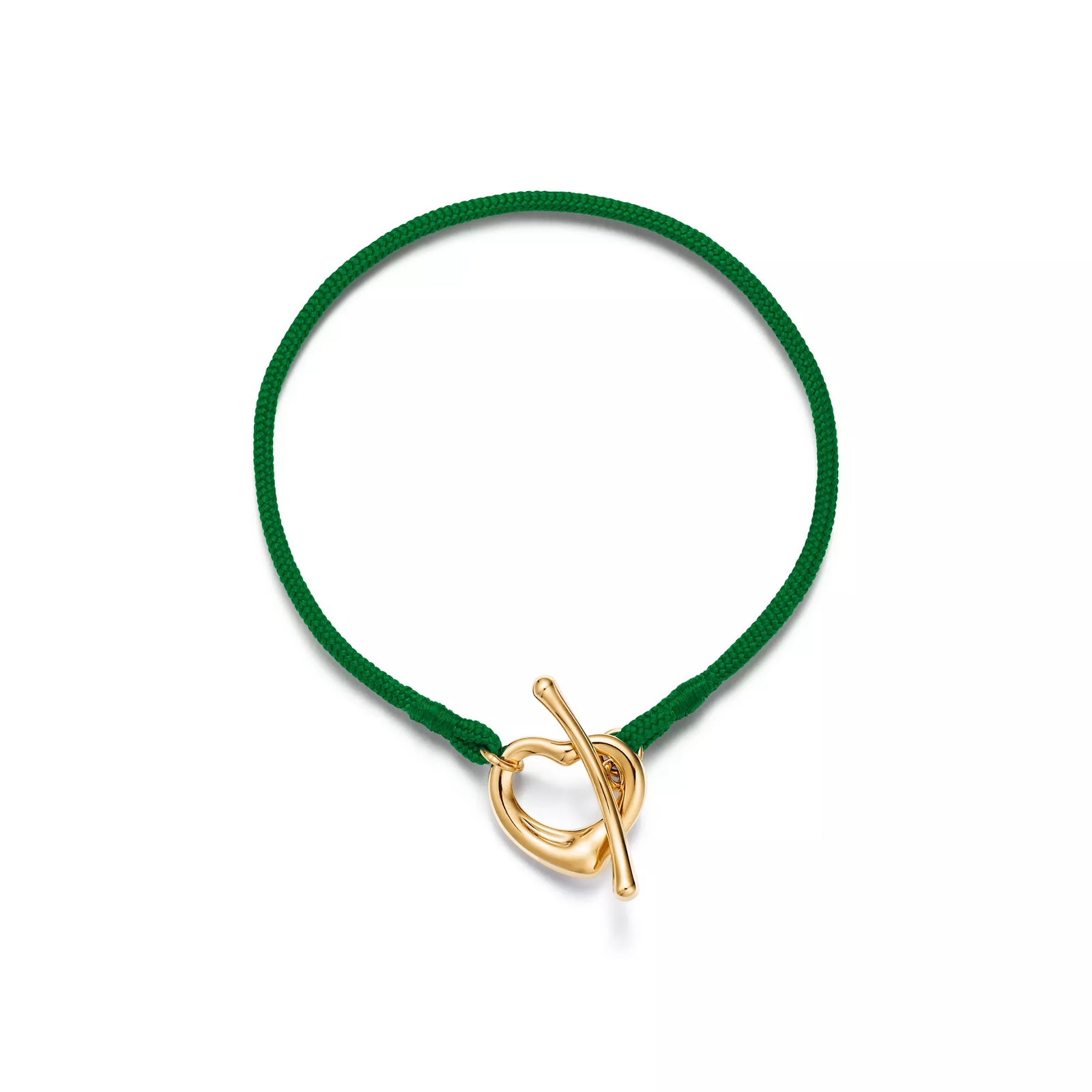 Open Heart Bracelet in Yellow Gold on a Green Silk Cord