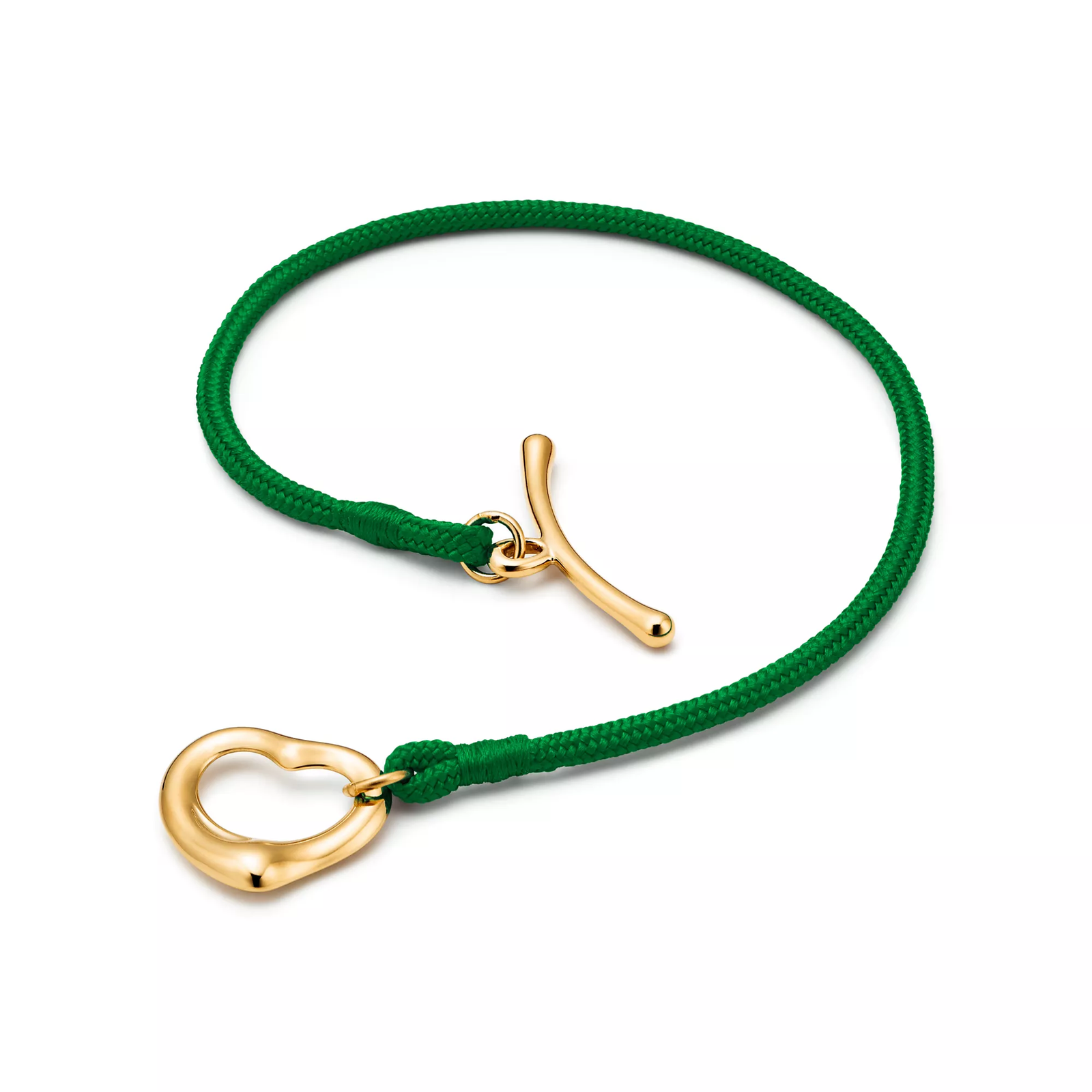 Open Heart Bracelet in Yellow Gold on a Green Silk Cord