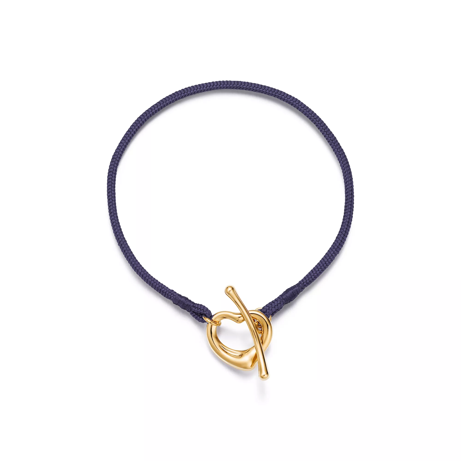 Open Heart Bracelet in Yellow Gold on a Purple Silk Cord