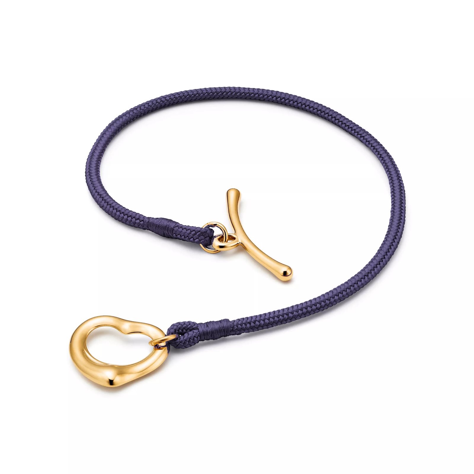 Open Heart Bracelet in Yellow Gold on a Purple Silk Cord