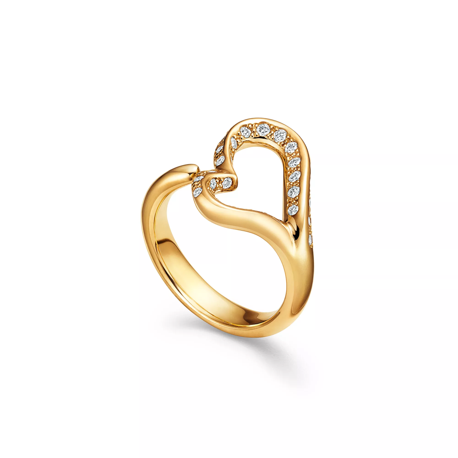 Open Heart Ring in Yellow Gold with Pave Diamonds