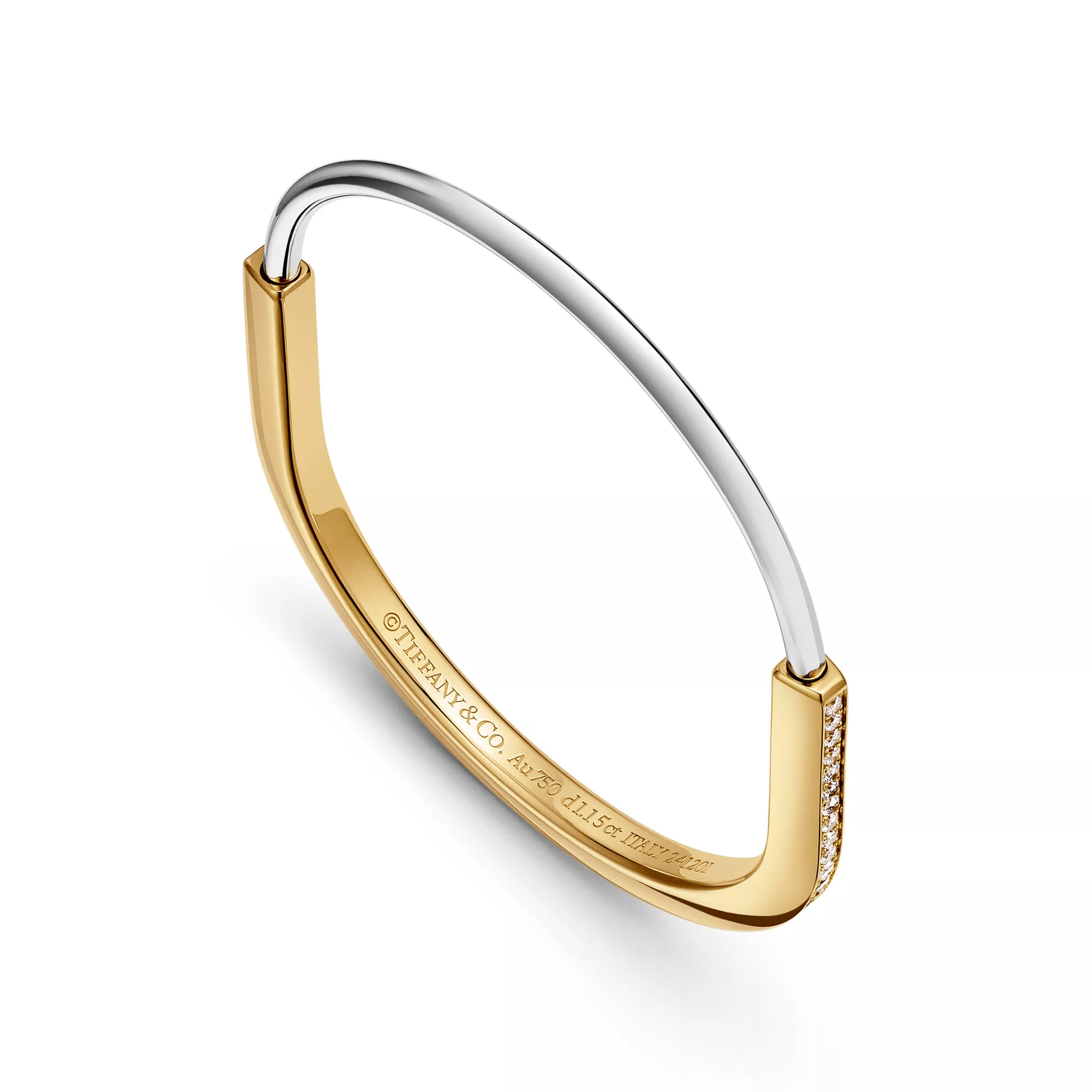 Narrow Bangle in Yellow and White Gold with Half Pave Diamonds