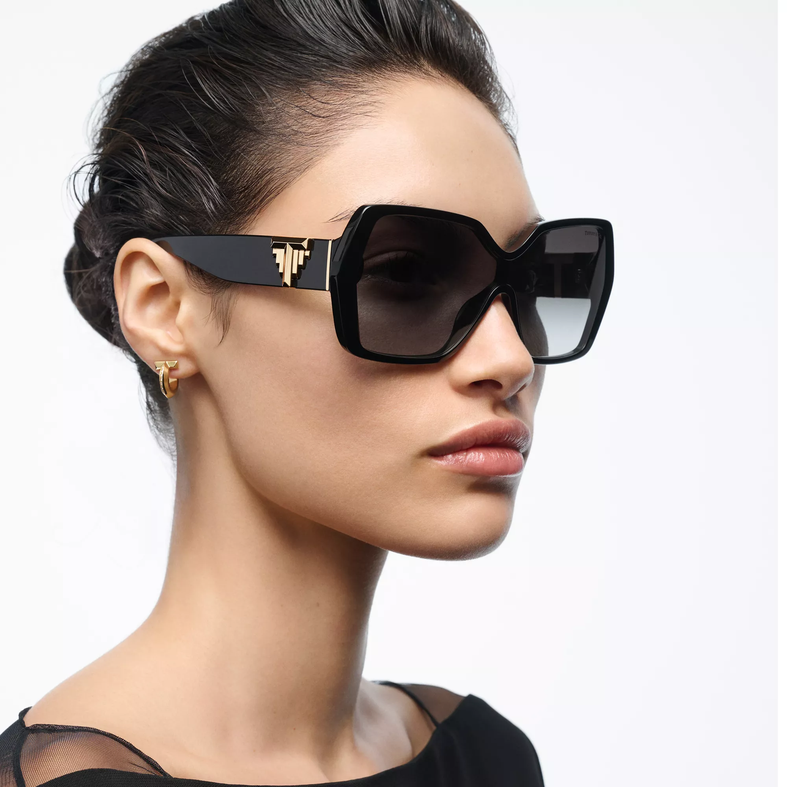 Deco Sunglasses in Black Acetate, Gold-colored Metal and Gray Lenses