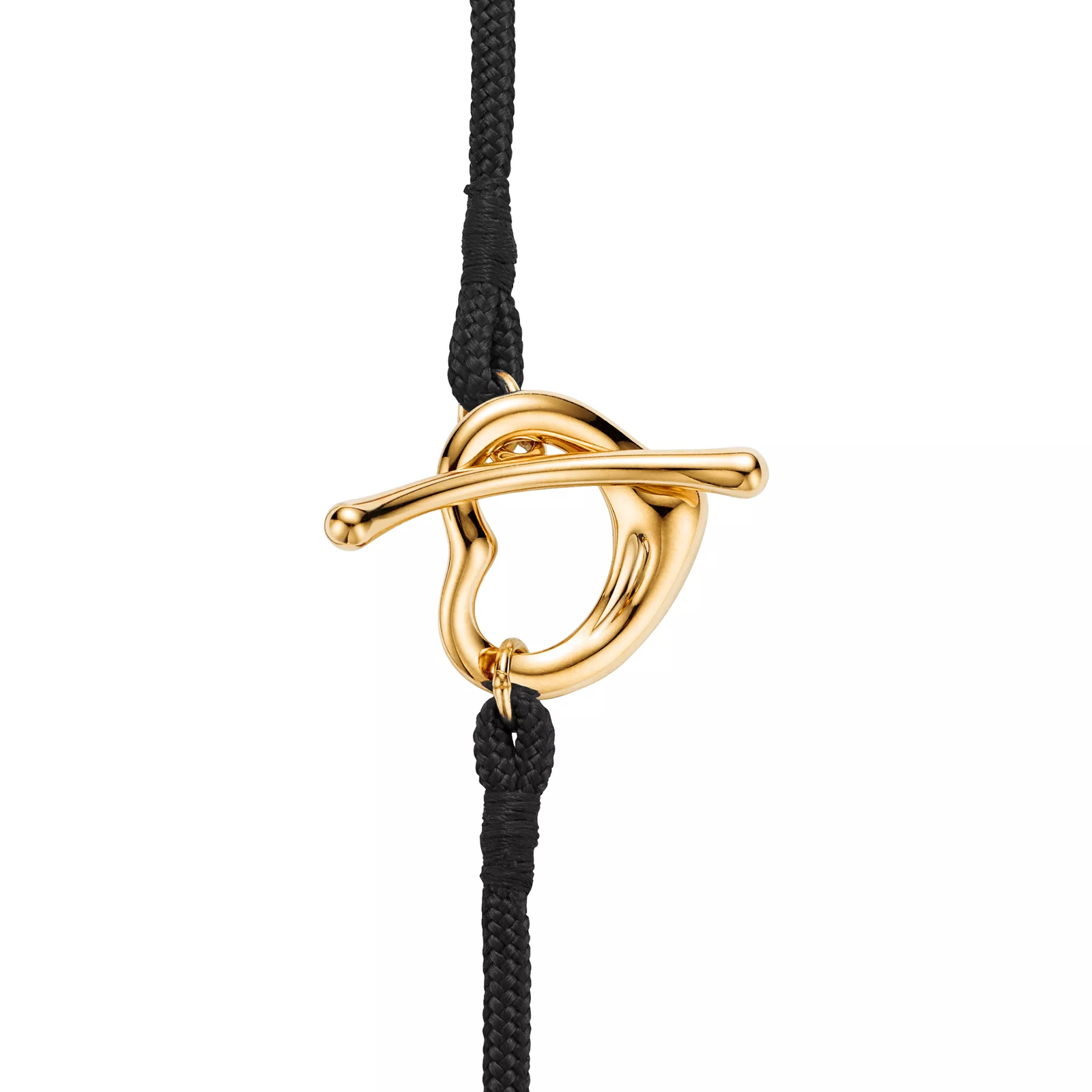 Open Heart Bracelet in Yellow Gold on a Black Silk Cord