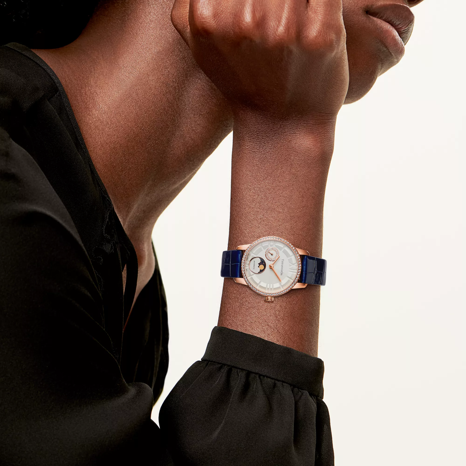 34 mm Moon Phase Mechanical Watch in Rose Gold with Diamonds