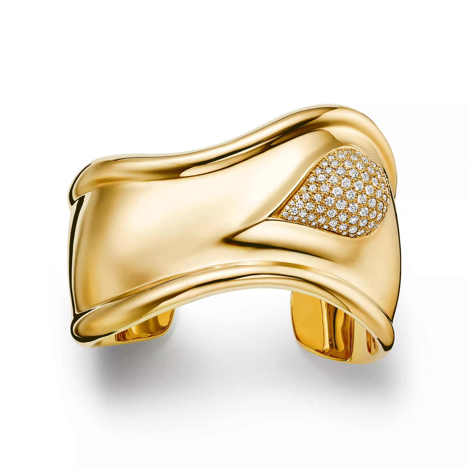 Bone Cuff in Yellow Gold with Pave Diamonds, 43 mm Wide