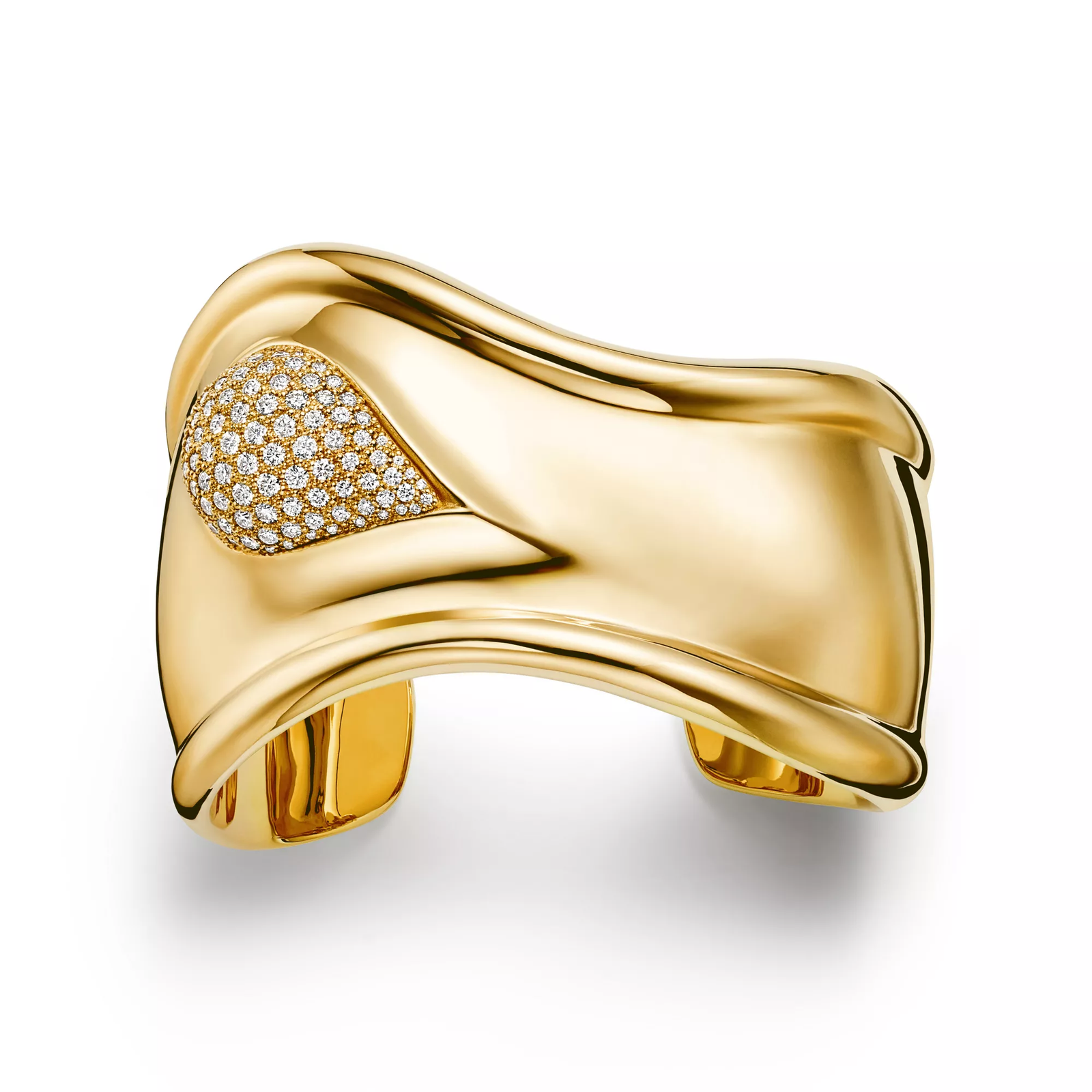 Bone Cuff in Yellow Gold with Pave Diamonds, 43 mm Wide
