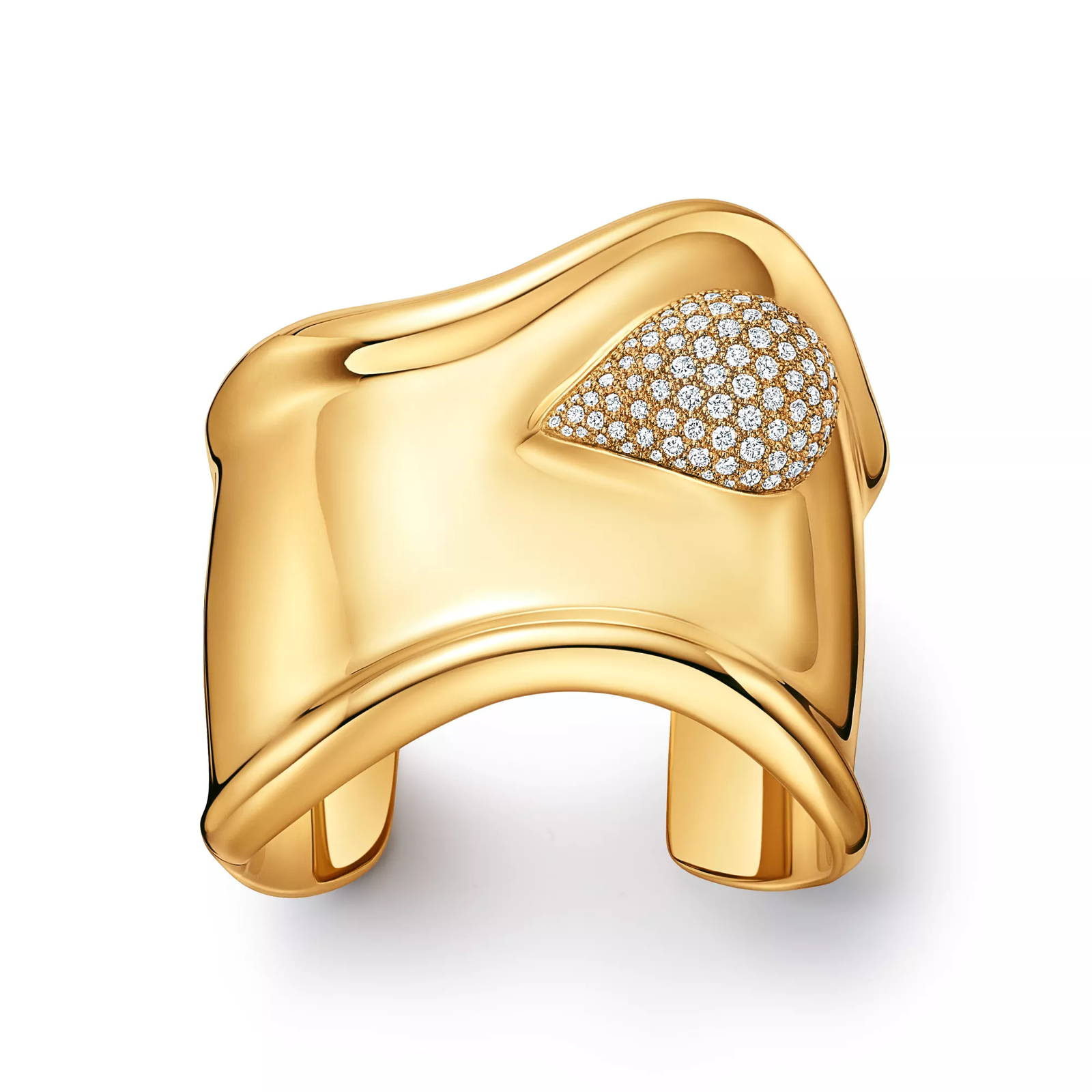 Bone Cuff in Yellow Gold with Pave Diamonds, 61 mm Wide