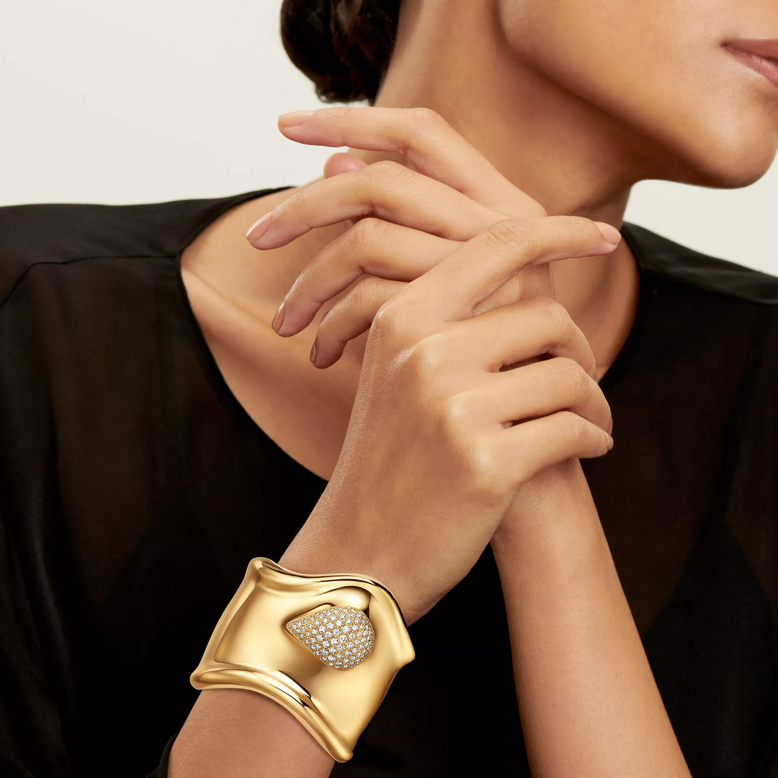 Bone Cuff in Yellow Gold with Pave Diamonds, 61 mm Wide