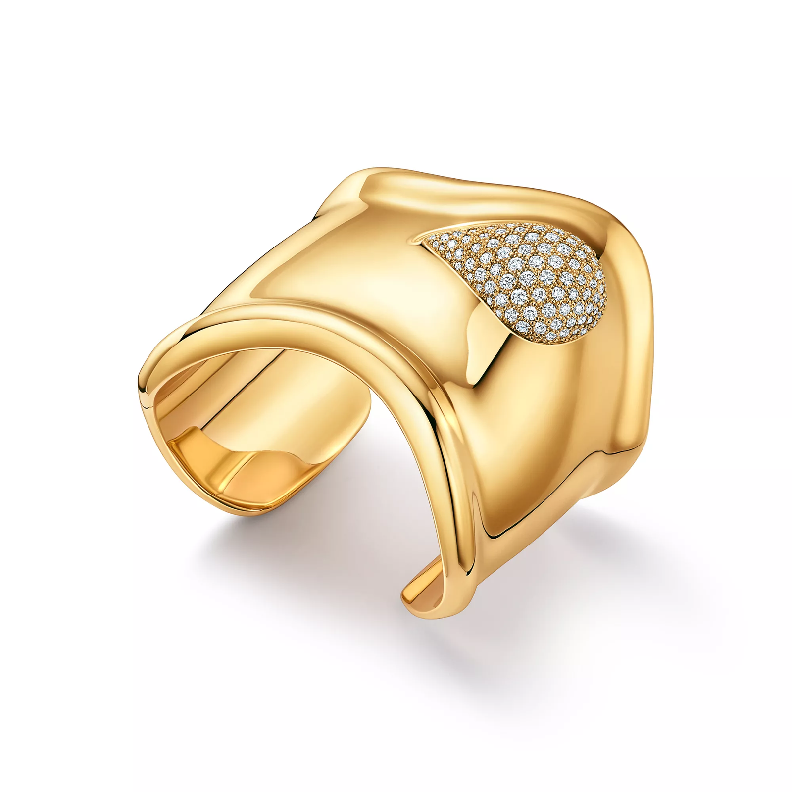Bone Cuff in Yellow Gold with Pave Diamonds, 61 mm Wide