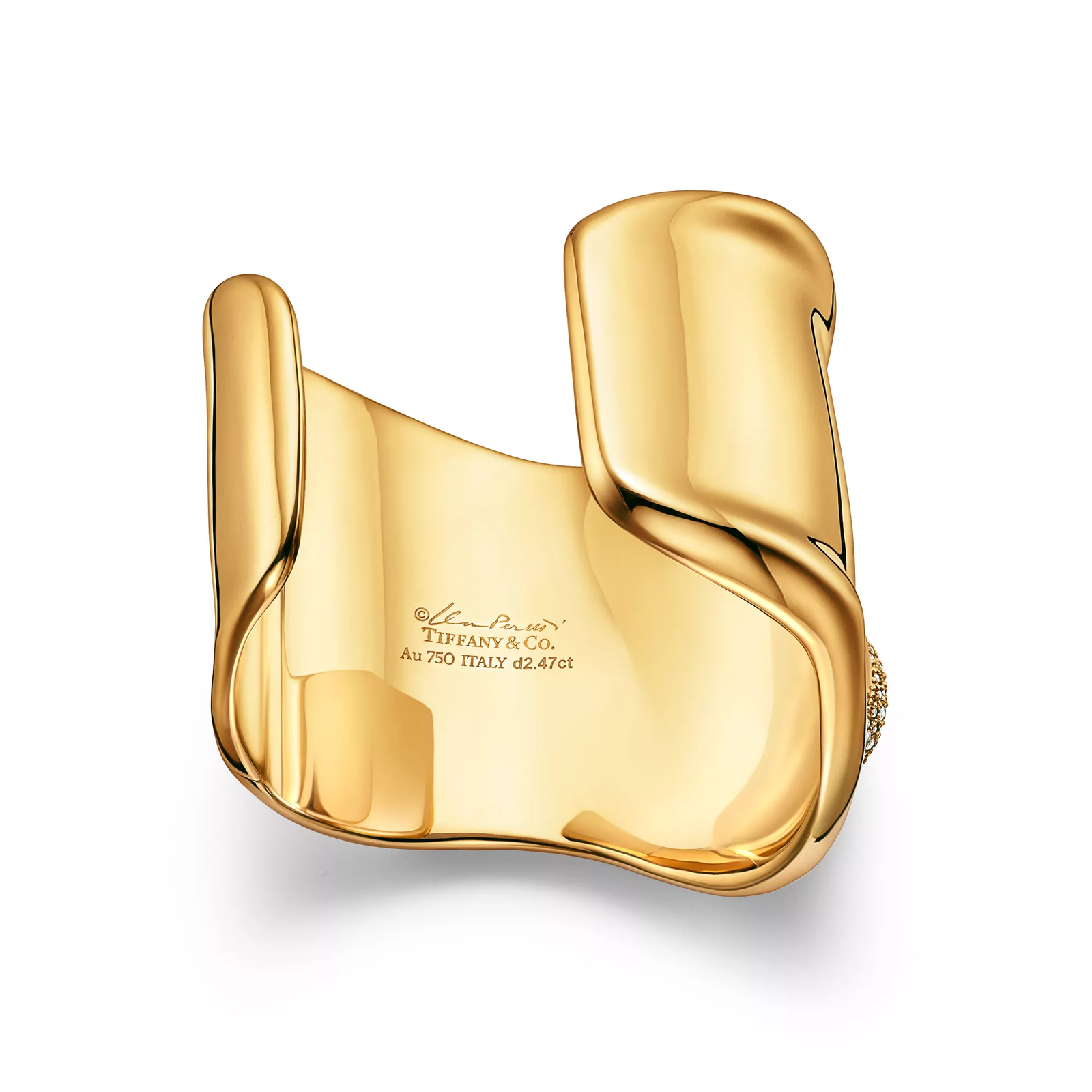 Bone Cuff in Yellow Gold with Pave Diamonds, 61 mm Wide
