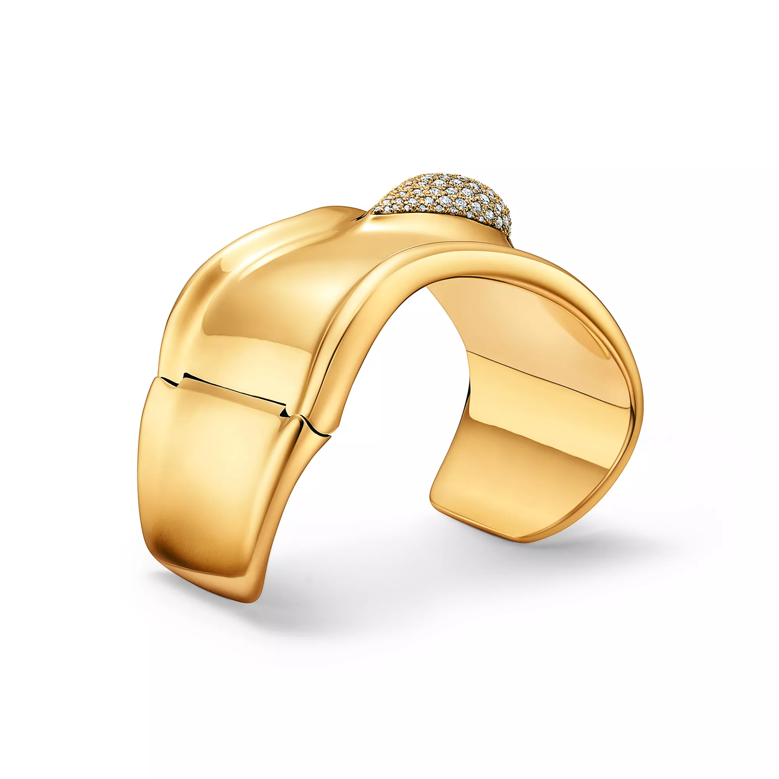 Bone Cuff in Yellow Gold with Pave Diamonds, 61 mm Wide