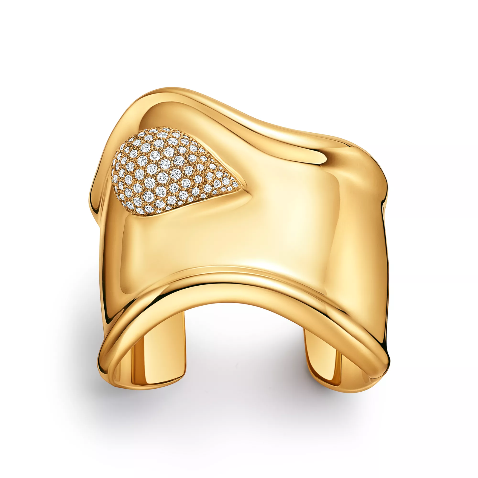 Bone Cuff in Yellow Gold with Pave Diamonds, 61 mm Wide