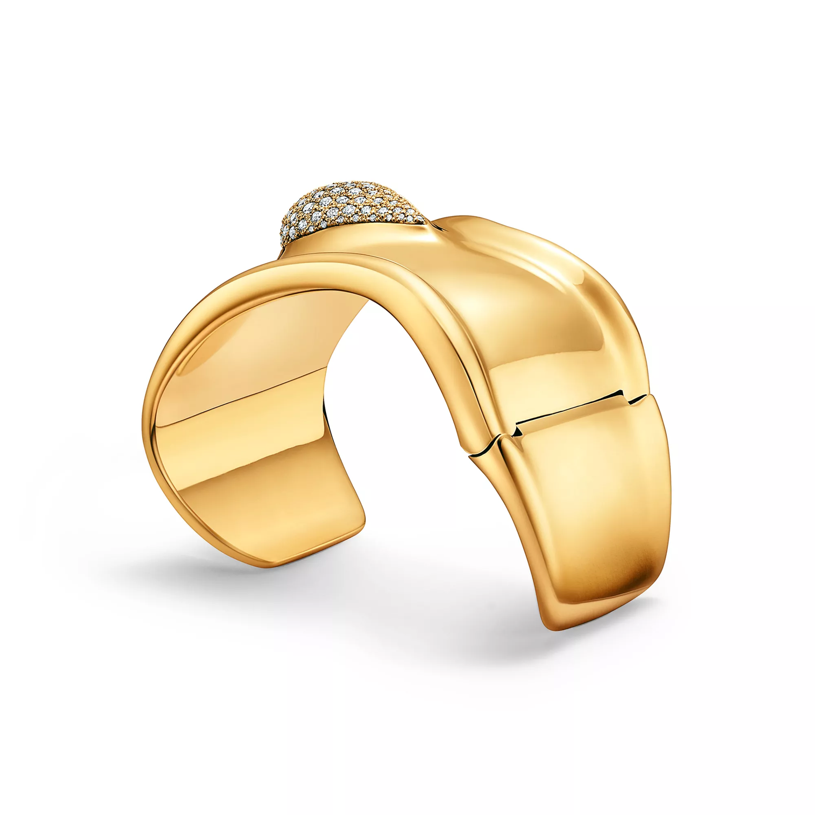 Bone Cuff in Yellow Gold with Pave Diamonds, 61 mm Wide