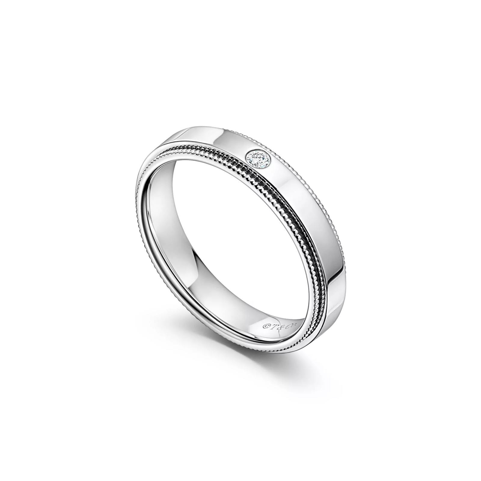 Milgrain Band Ring in Platinum with a Diamond, 4 mm Wide