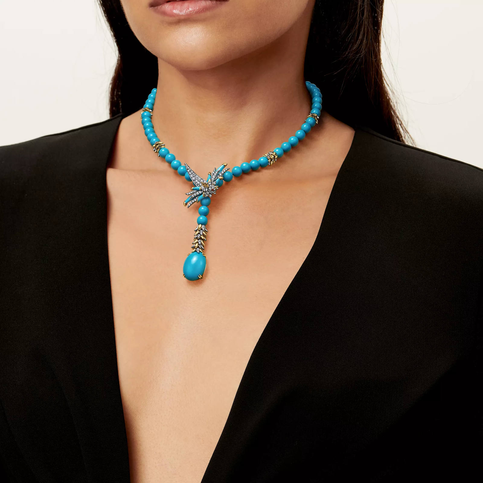 Lariat Necklace in Platinum and Gold with Turquoise