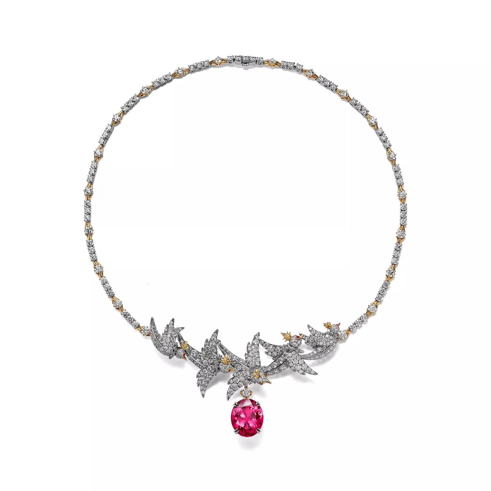 Necklace in Platinum and Yellow Gold with a Rubellite and Diamonds