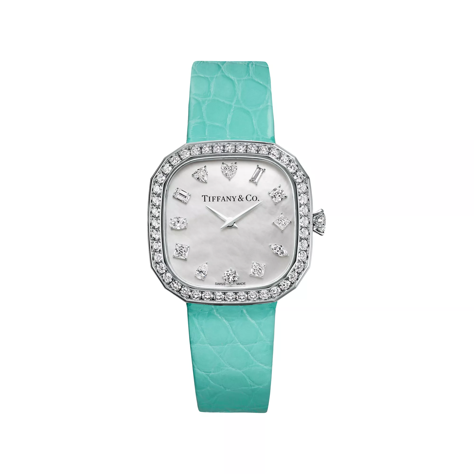 28 mm Cushion-shaped Watch in White Gold with Diamonds and a Mother-of-pearl Dial