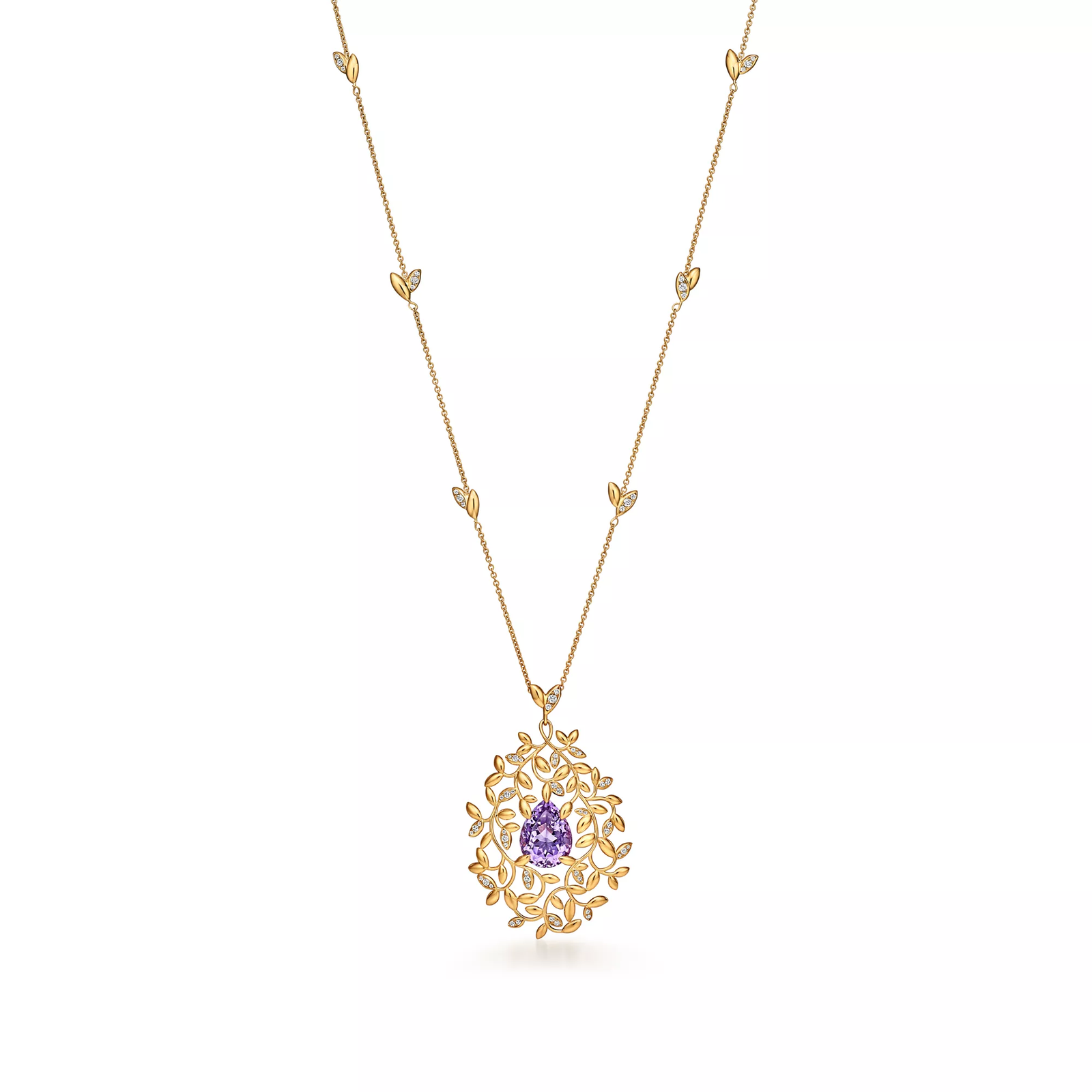Olive Leaf Amethyst Pendant in Yellow Gold with Diamonds