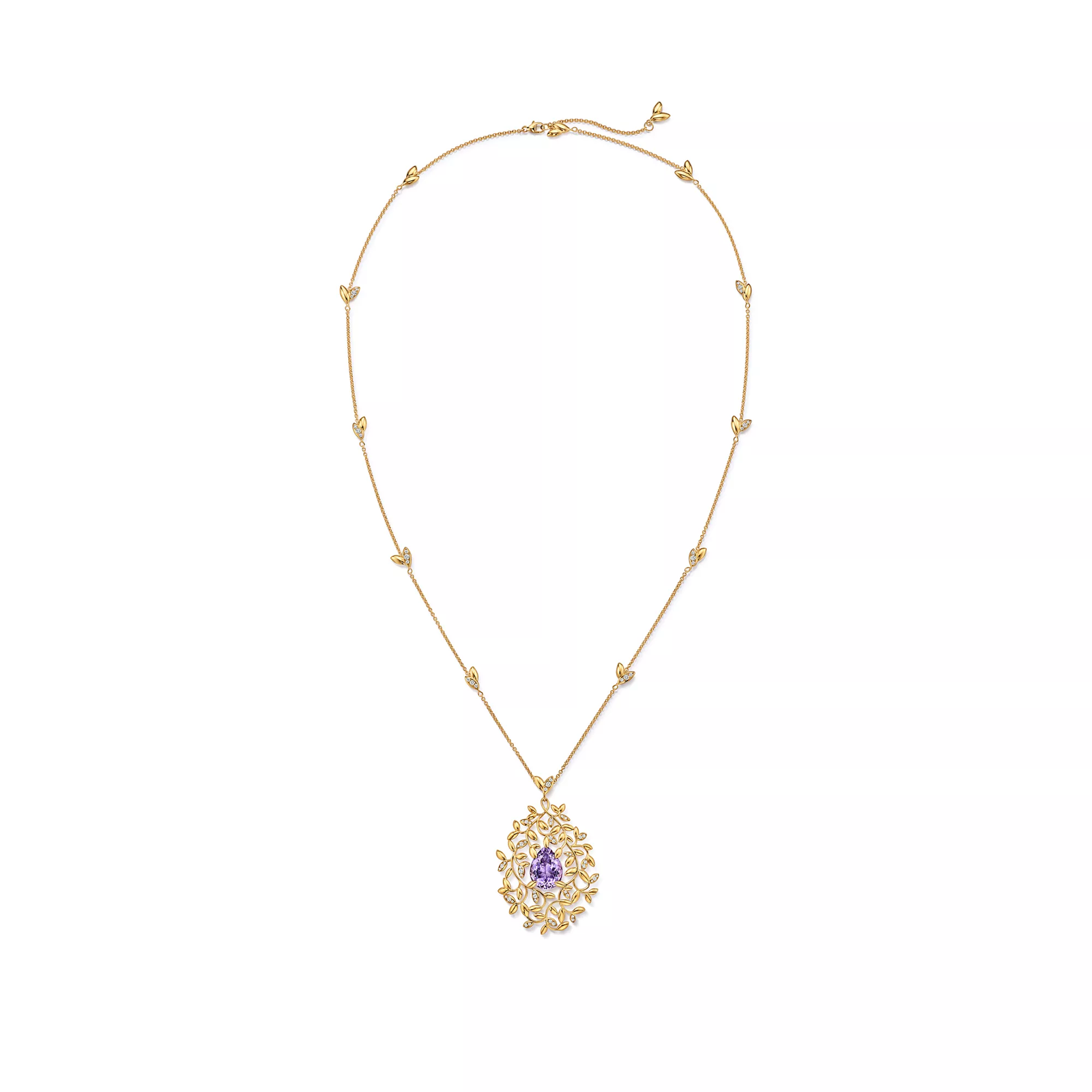 Olive Leaf Amethyst Pendant in Yellow Gold with Diamonds