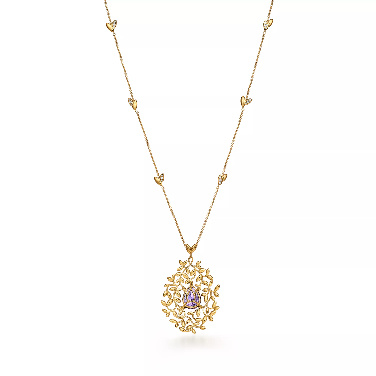 Olive Leaf Amethyst Pendant in Yellow Gold with Diamonds