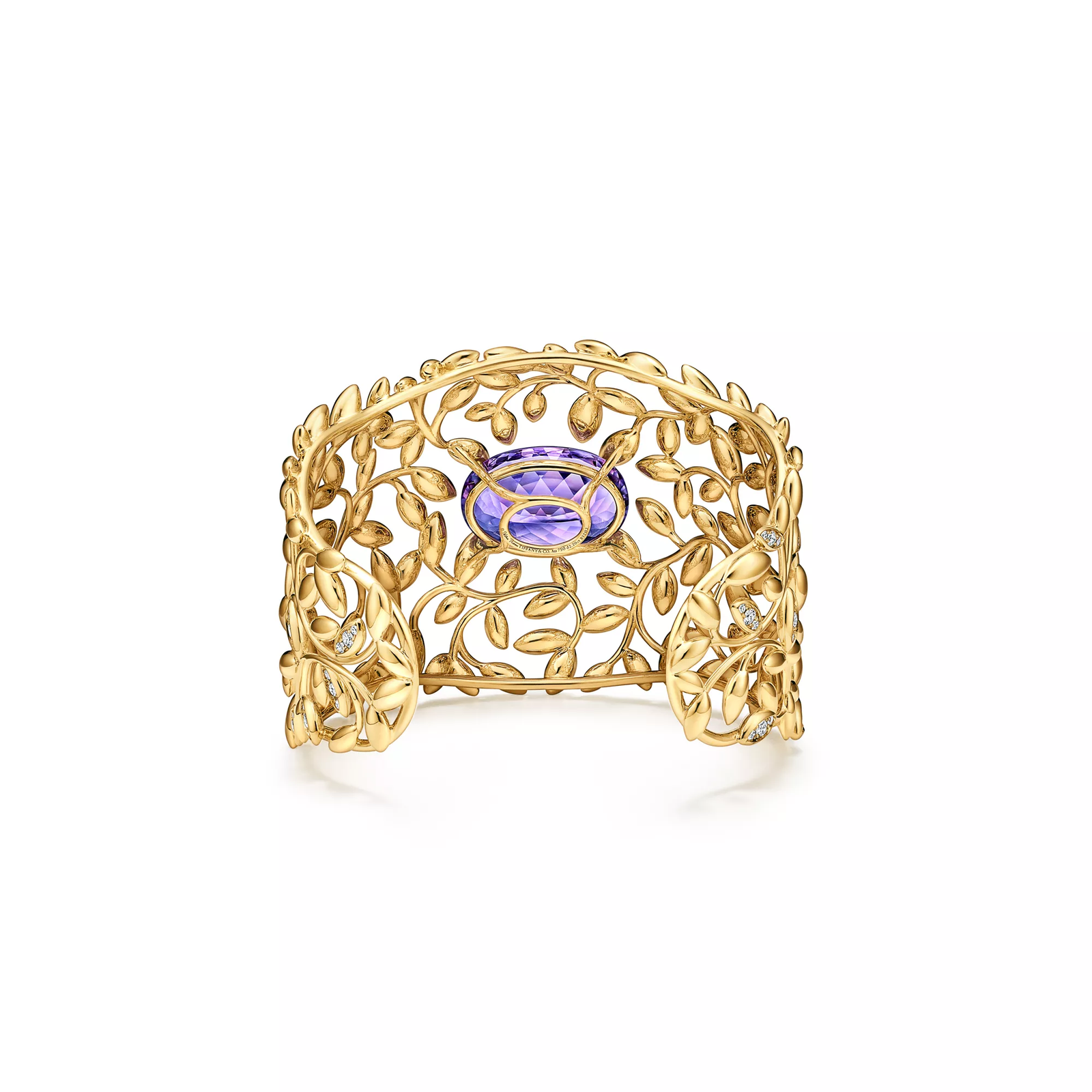 Olive Leaf Amethyst Cuff in Yellow Gold with Diamonds