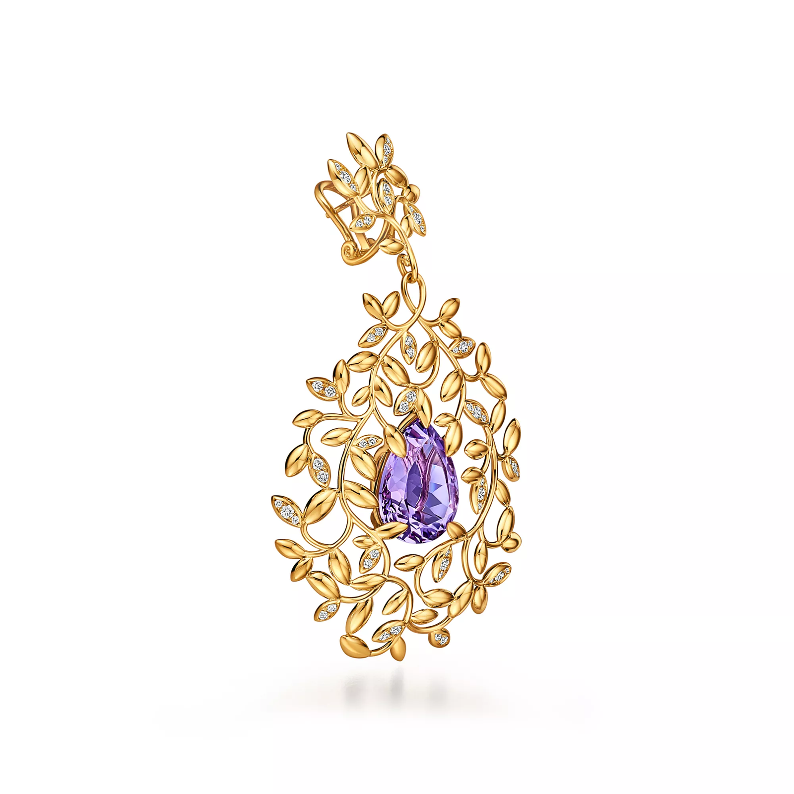 Olive Leaf Amethyst Earrings in Yellow Gold with Diamonds