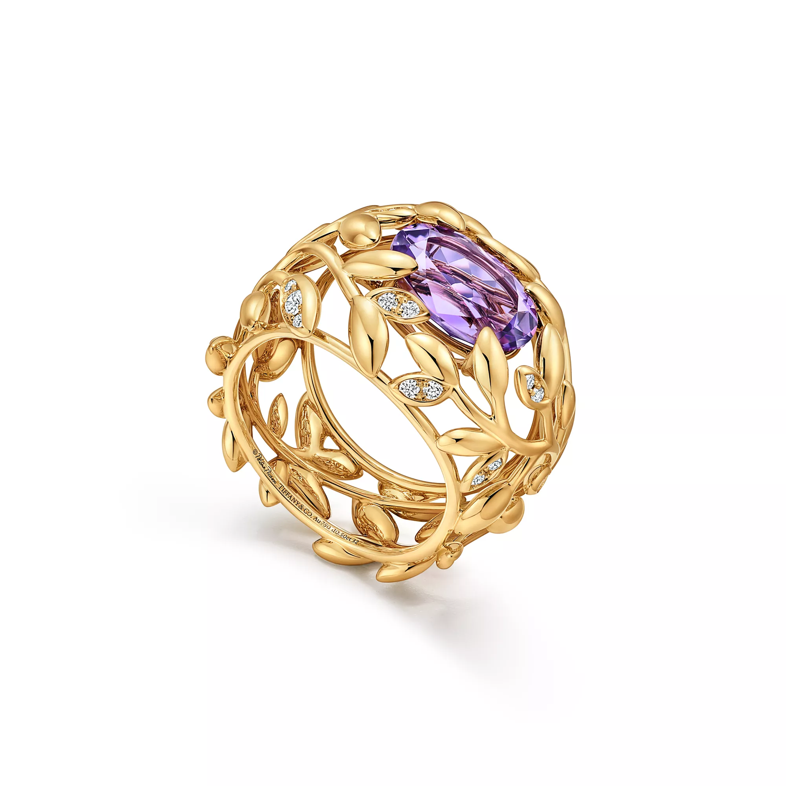 Olive Leaf Amethyst Ring in Yellow Gold with Diamonds